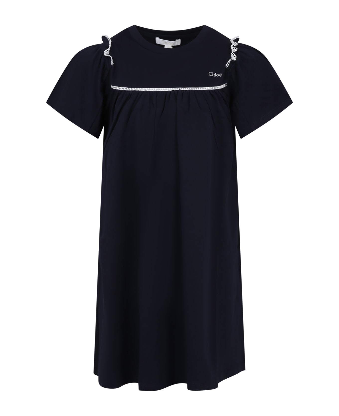Chloé Blue Dress For Baby Girl With Logo - Marine スーツ