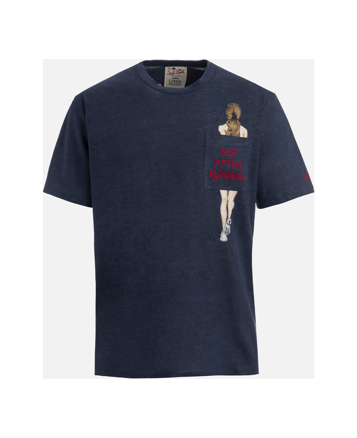 MC2 Saint Barth Man Linen Jersey T-shirt Ecstasea With Printed And Embroidered Pocket - BLUE