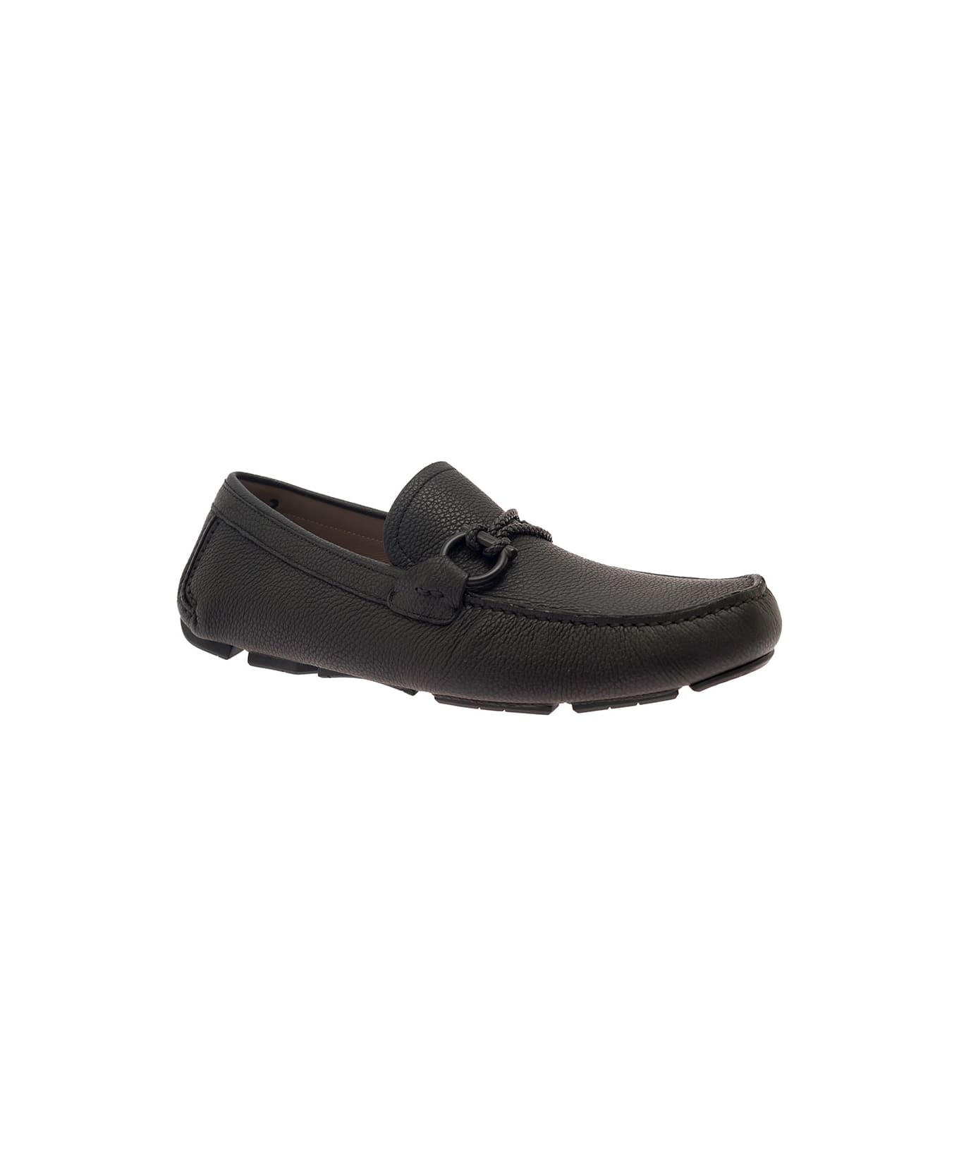 Ferragamo Black Slip-on Loafers With Gancini Detail In Hammered Leather Man - BLACK