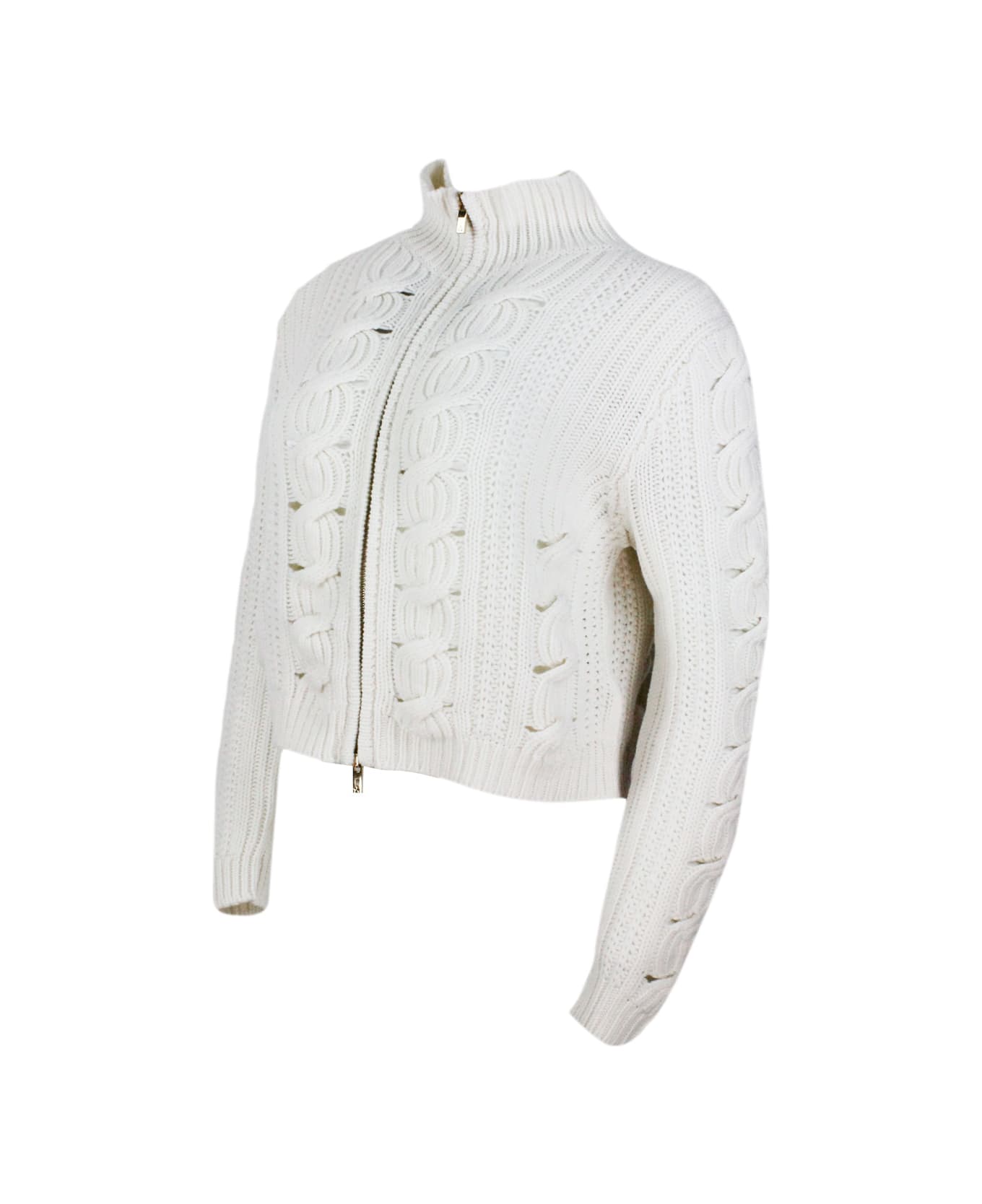 Lorena Antoniazzi Full Zip Turtleneck Sweater Made Of Soft Wool, Cashmere And Silk With Cable Knit - White