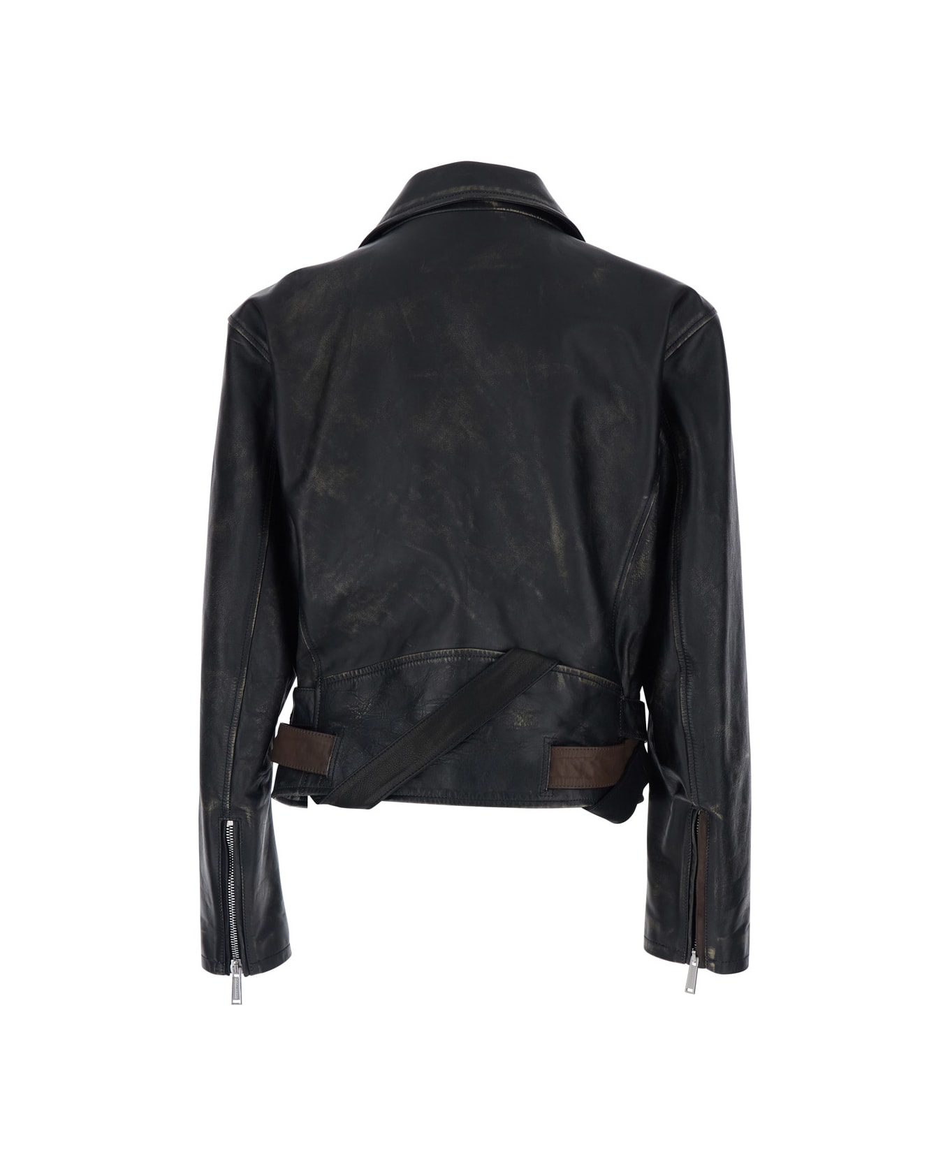 Dsquared2 
d2 X Magliano
 Black Biker Jacket With Wide Classic Lapels And Logoed Belt At The Waist In Leather Man - Black