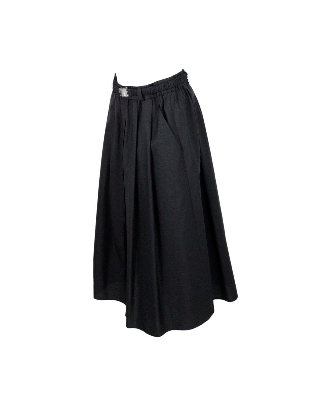 Brunello Cucinelli Skirt In Light Embossed Stretch Cotton With Small Pleats And Belt At The Waist - Nero