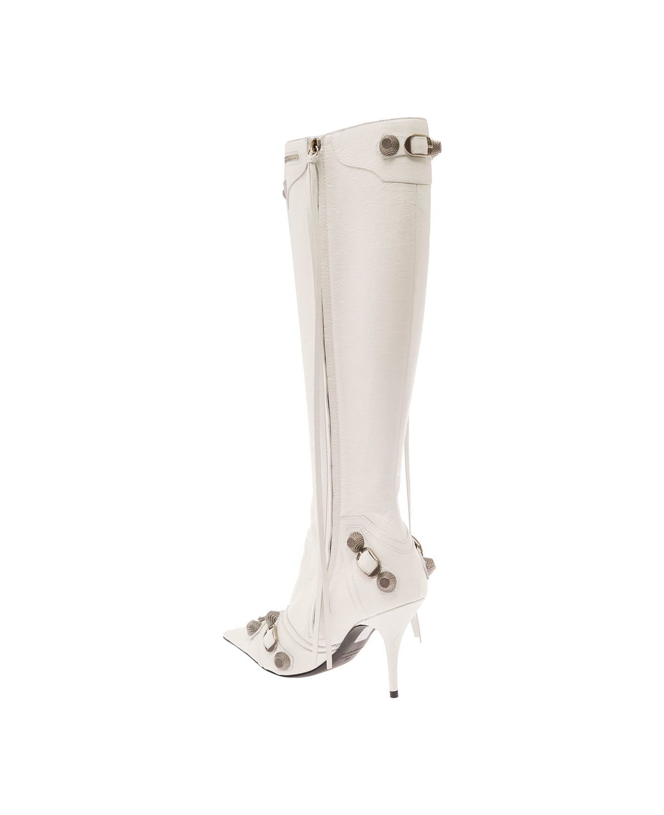 Balenciaga Pointed High-boots With Studs And Buckles In Leather - White