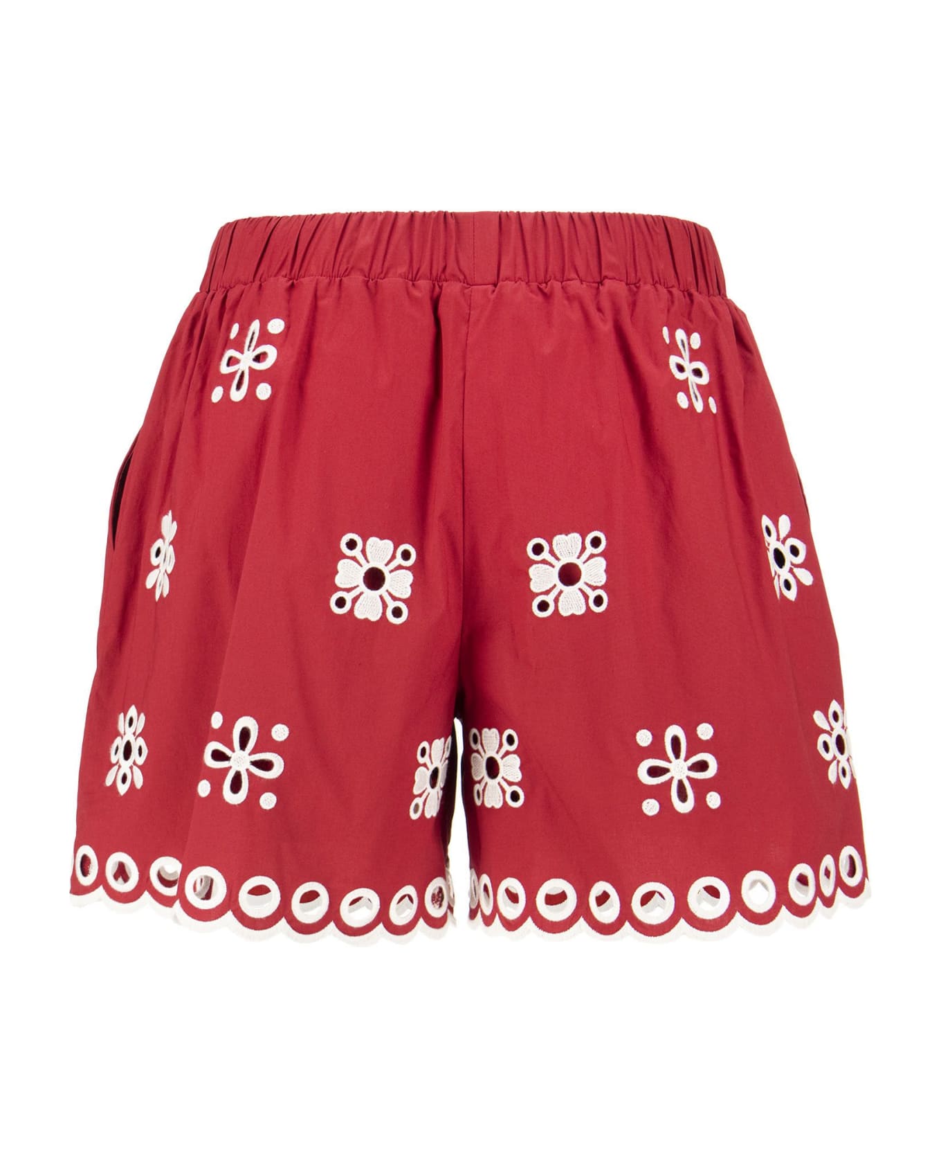 RED Valentino Cotton Shorts With Sangallo Embroidery - Cherry