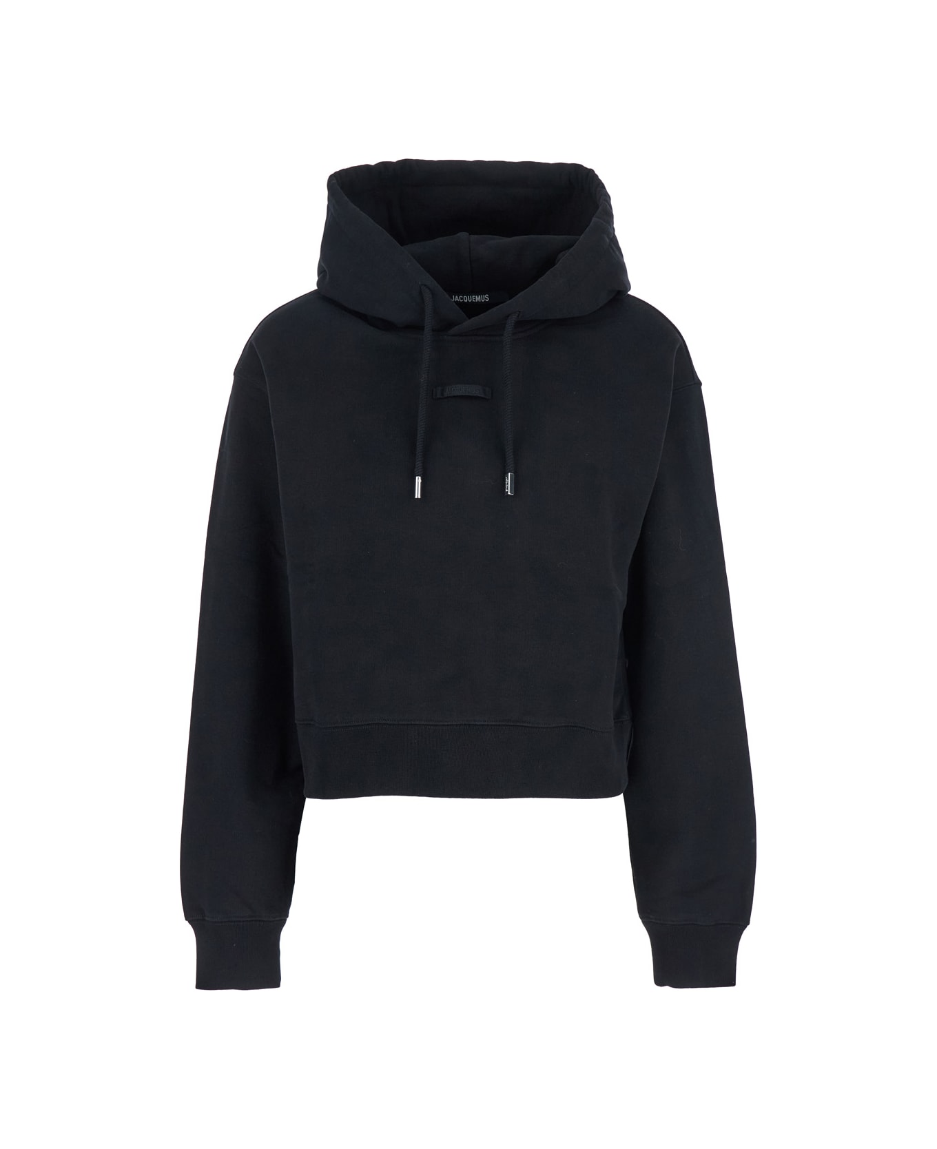 Jacquemus 'le Hoodie Gros Grain' Black Cropped Hoodie With Drawstring Hood And Logo Patch On The Front In Cotton Woman - Black