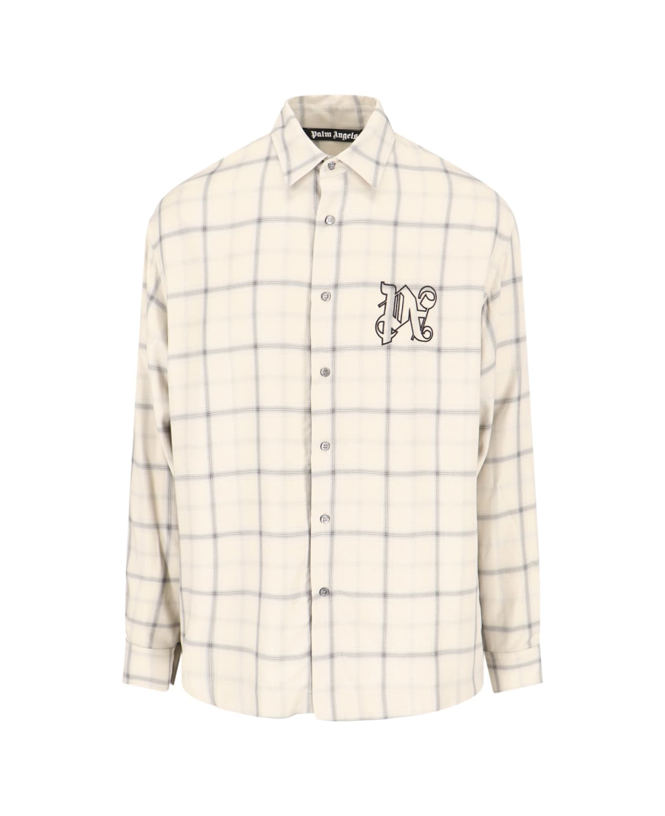 Palm Angels Logo Embroidered Checked Long-sleeved Shirt - Beige シャツ