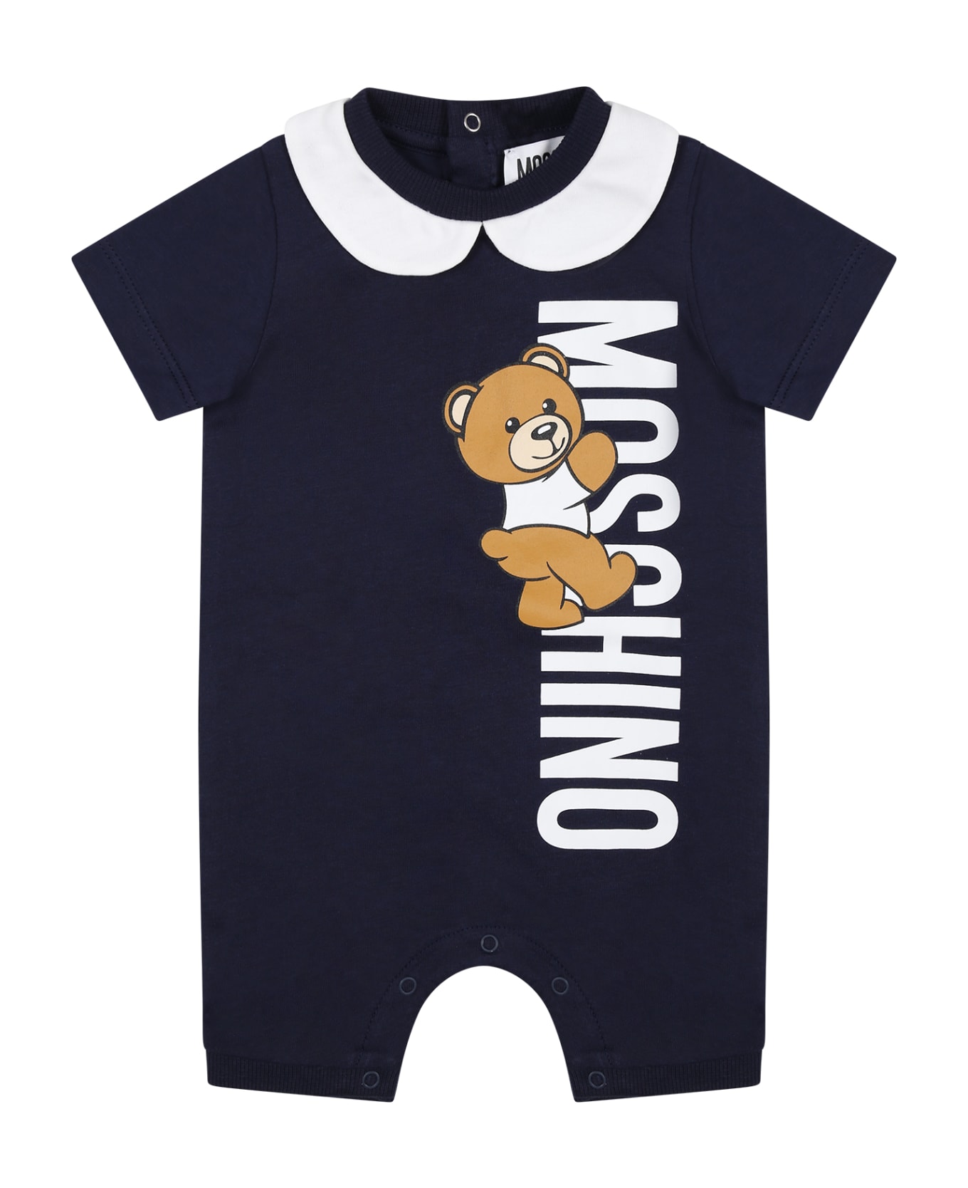 Moschino Blue Baby Romper With Teddy Bear And Logo - Blue ボディスーツ＆セットアップ