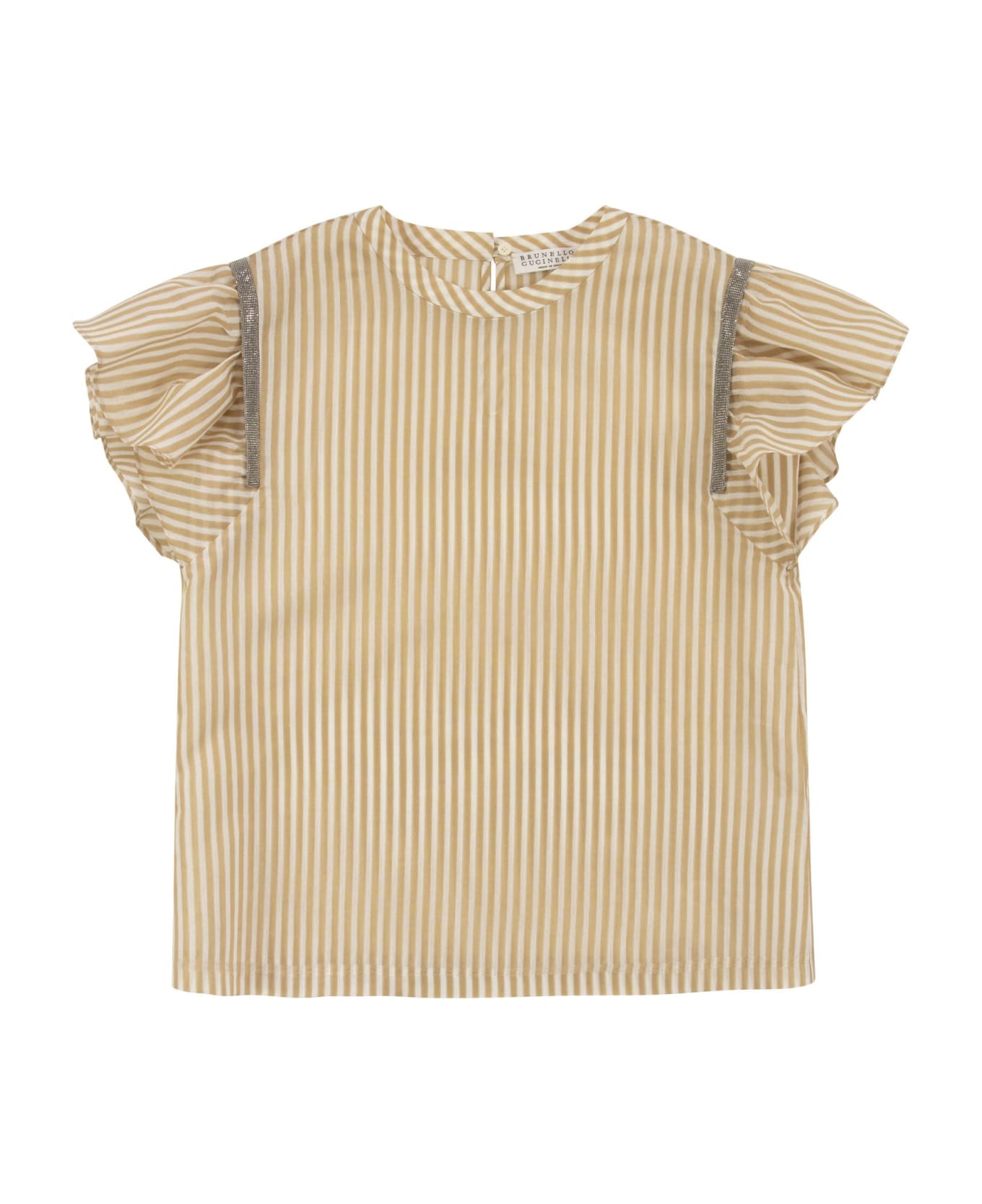 Brunello Cucinelli Sparkling Striped Organza Cotton-silk T-shirt With Necklace - White/gold