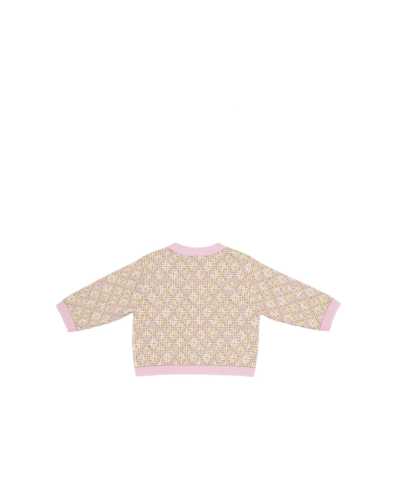 Fendi Beige And Pink Cardigan With Monogram Motif - MultiColour