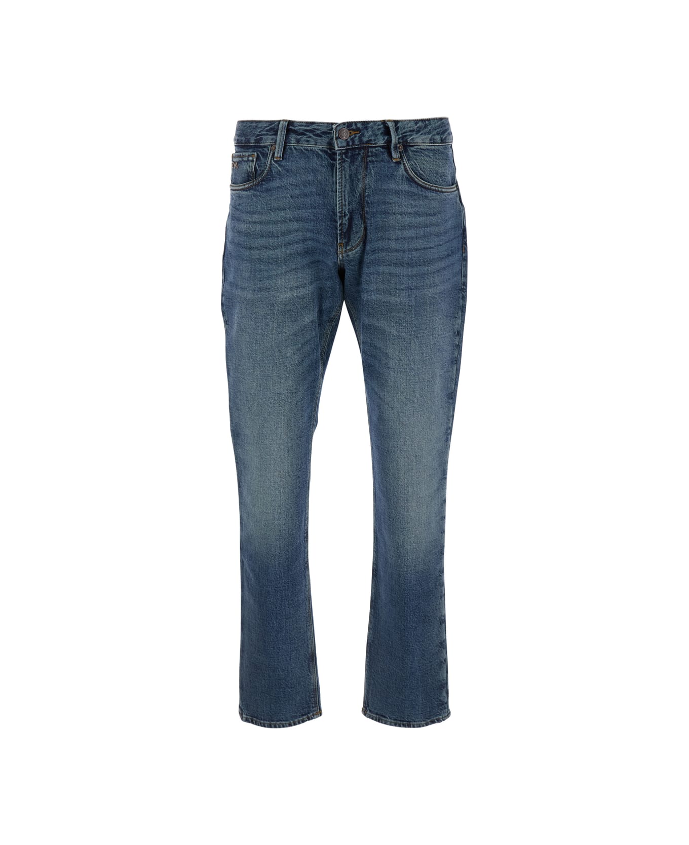 Emporio Armani Blue Jeans With Belt Loops And Logo Patch On The Rear In Denim Man - Blu