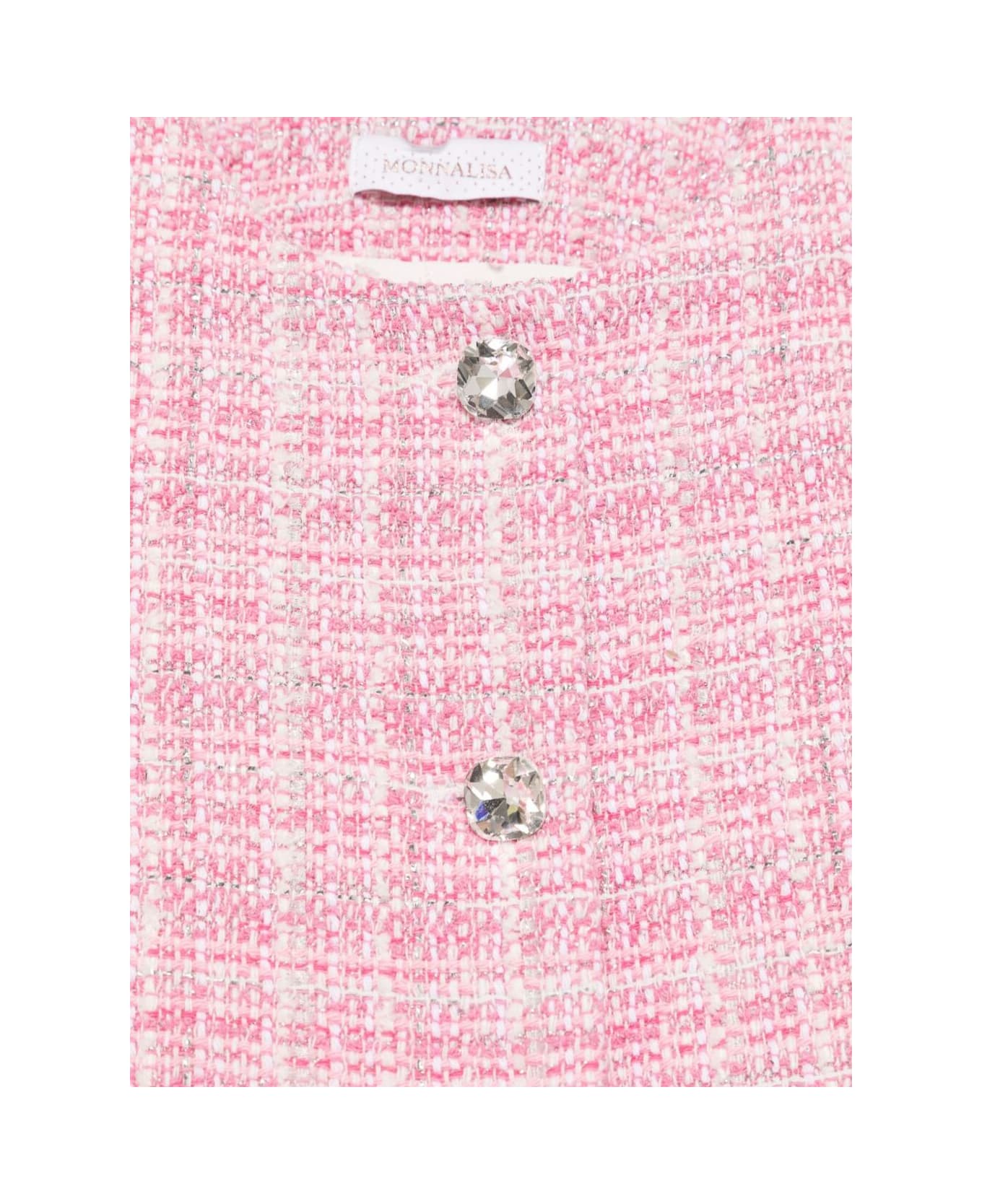 Monnalisa Pink Cropped Crewneck Jacket With Front Jewel Buttons Closure With Crystals In Cotton Blend Girl - Pink