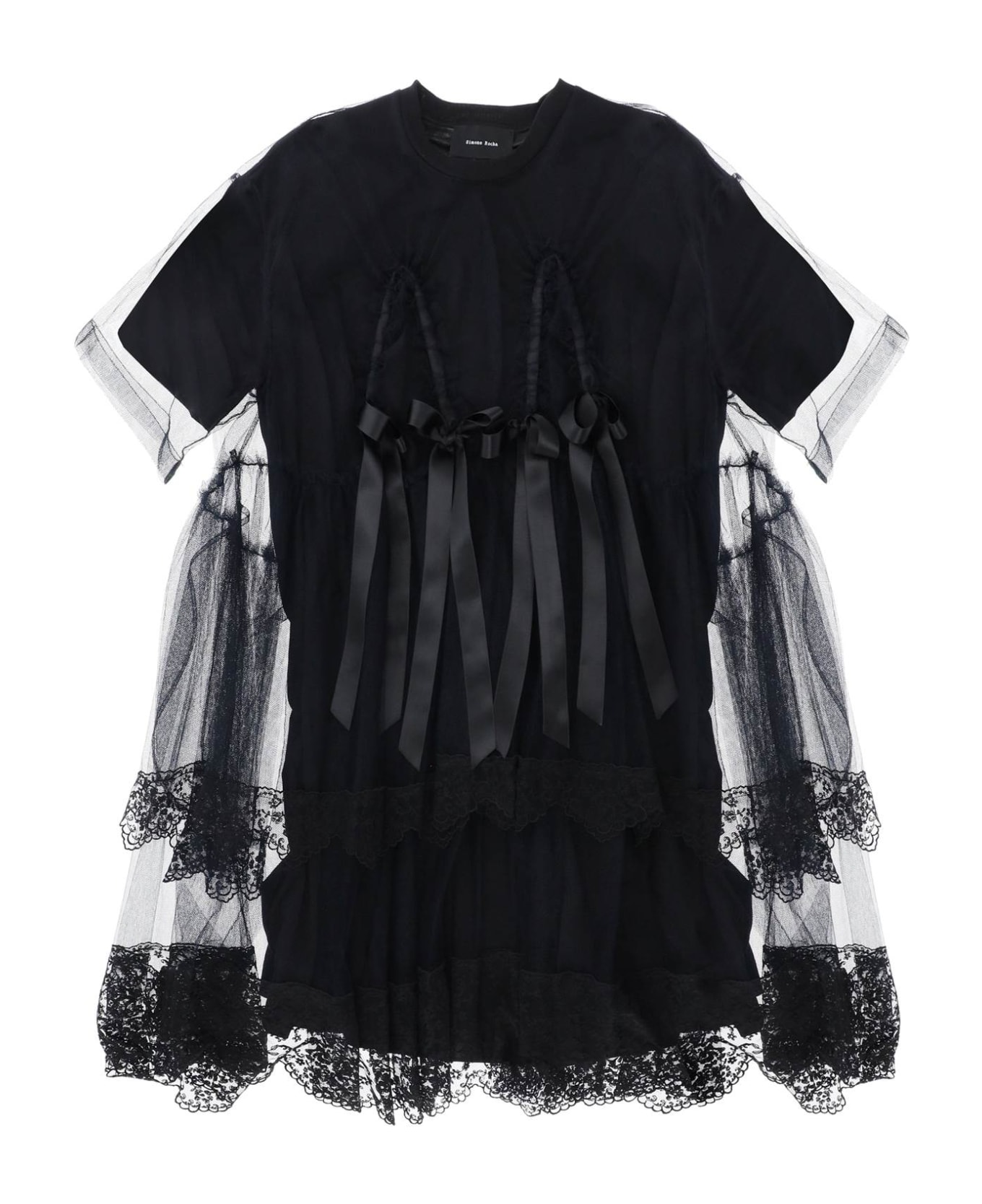 Simone Rocha Midi Dress In Mesh With Lace And Bows - BLACK (Black)