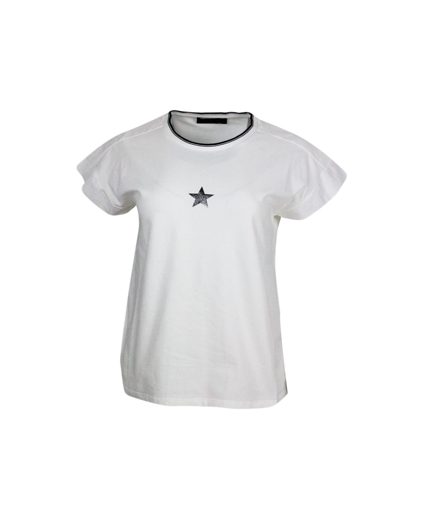 Lorena Antoniazzi Short-sleeved Crew-neck T-shirt In Stretch Cotton With Lurex Star On The Front - cream Tシャツ