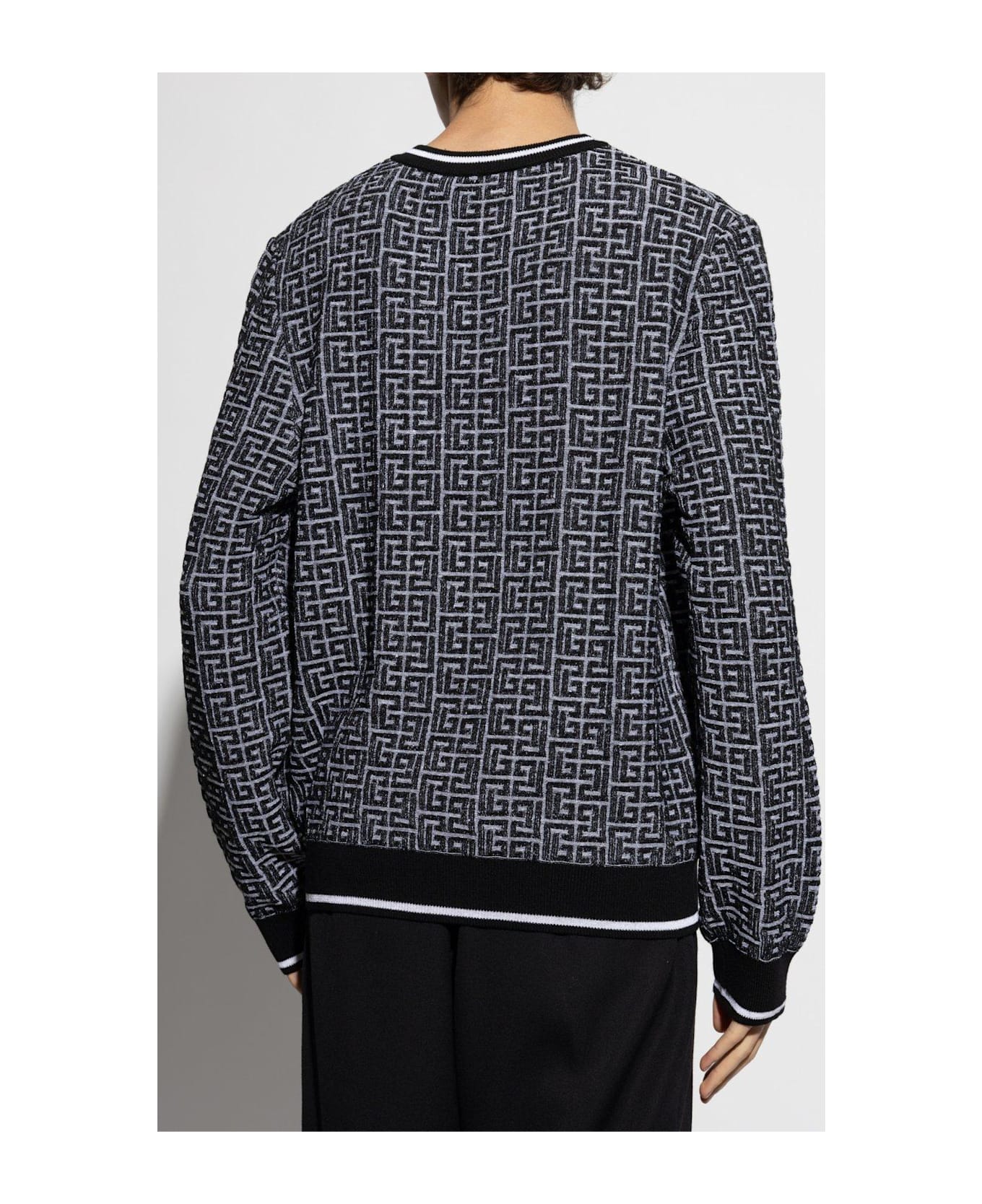 Balmain Monogrammed Jacquard Knit Sweater - BLACK/GREY