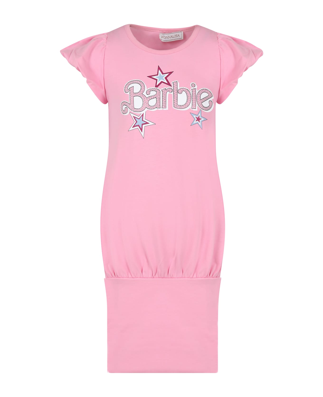 Monnalisa Pink Dress For Girl With Writing And Rhinestone - Pink ワンピース＆ドレス