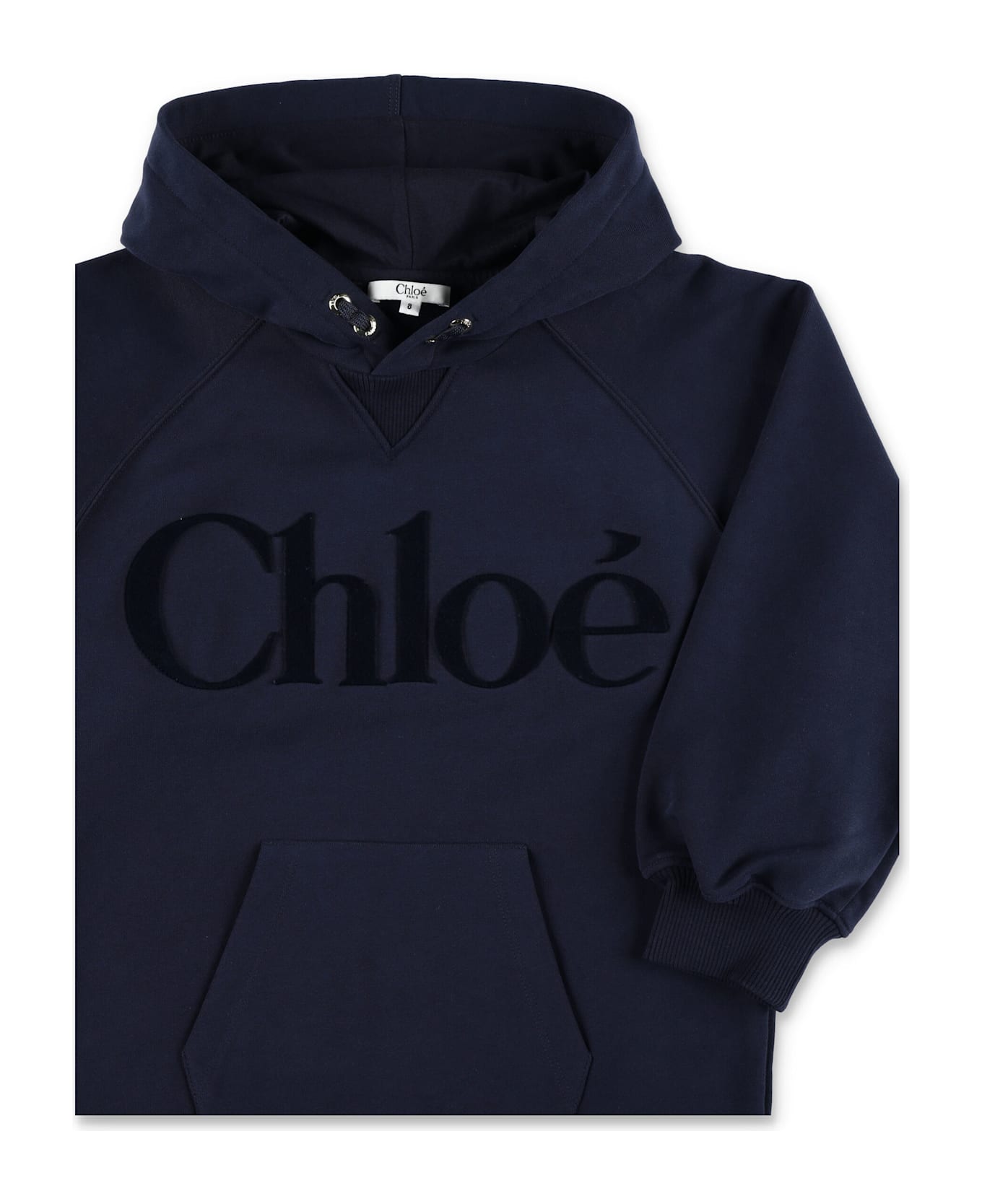 Chloé Kids Logo Hooded Logo Dress In Brushed Fleece - NAVY