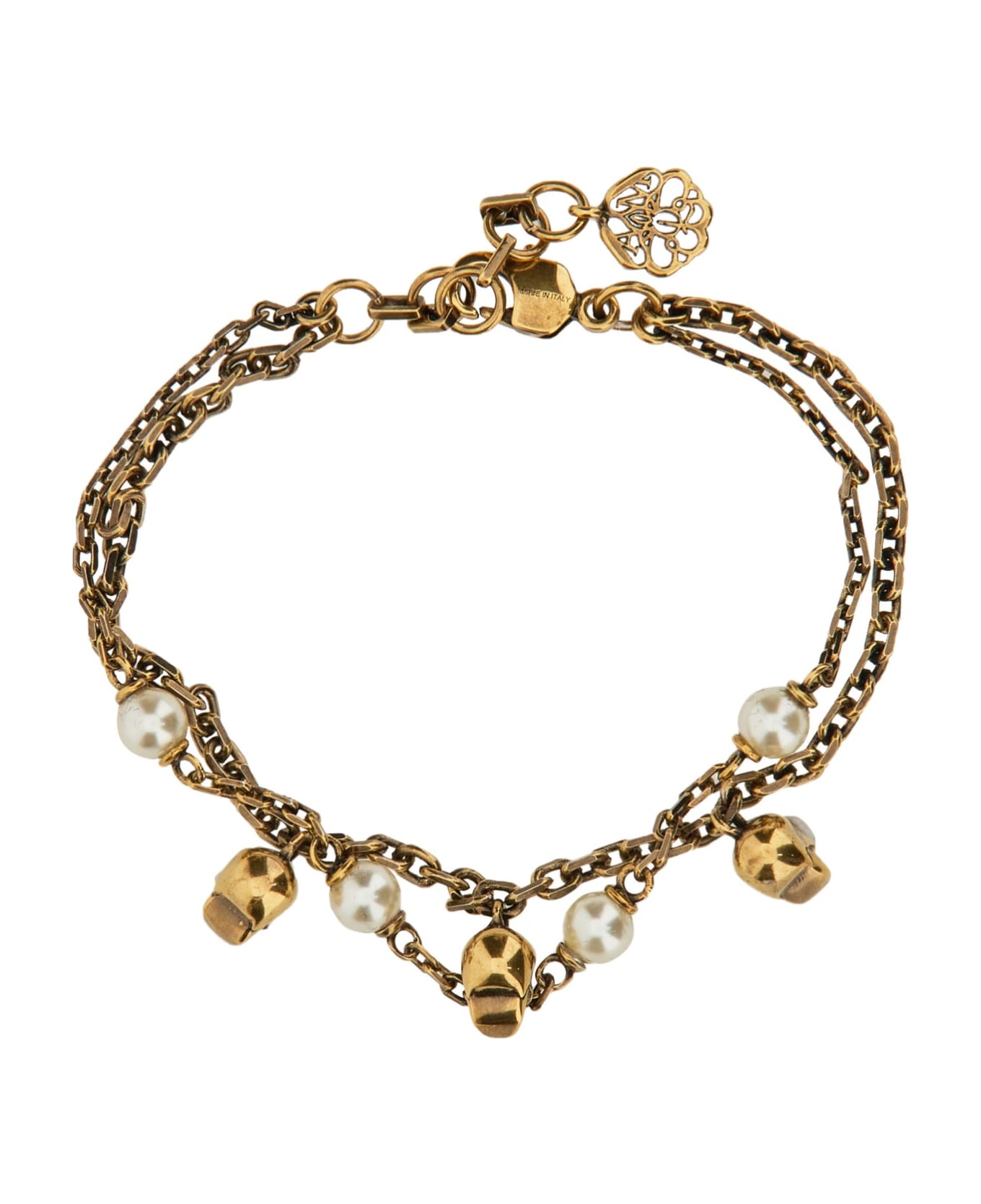 Alexander McQueen Skull Pearl Chain Bracelet In Antiqued Gold - Oro