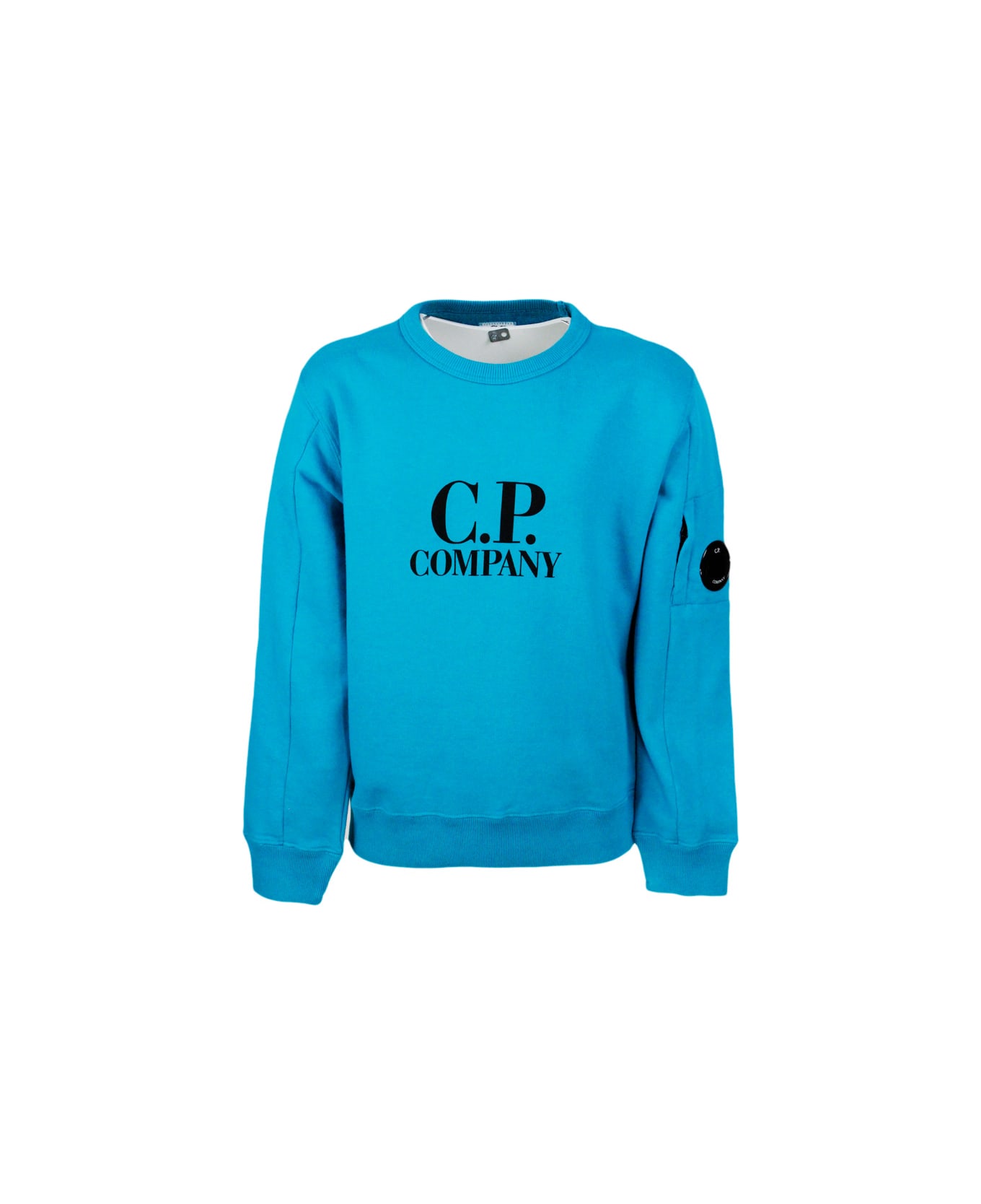 C.P. Company Long-sleeved Crewneck Sweatshirt In Breathable Cotton Fleece With Logo On The Chest And Eyeglass Lens On The Shoulder - Blu royal