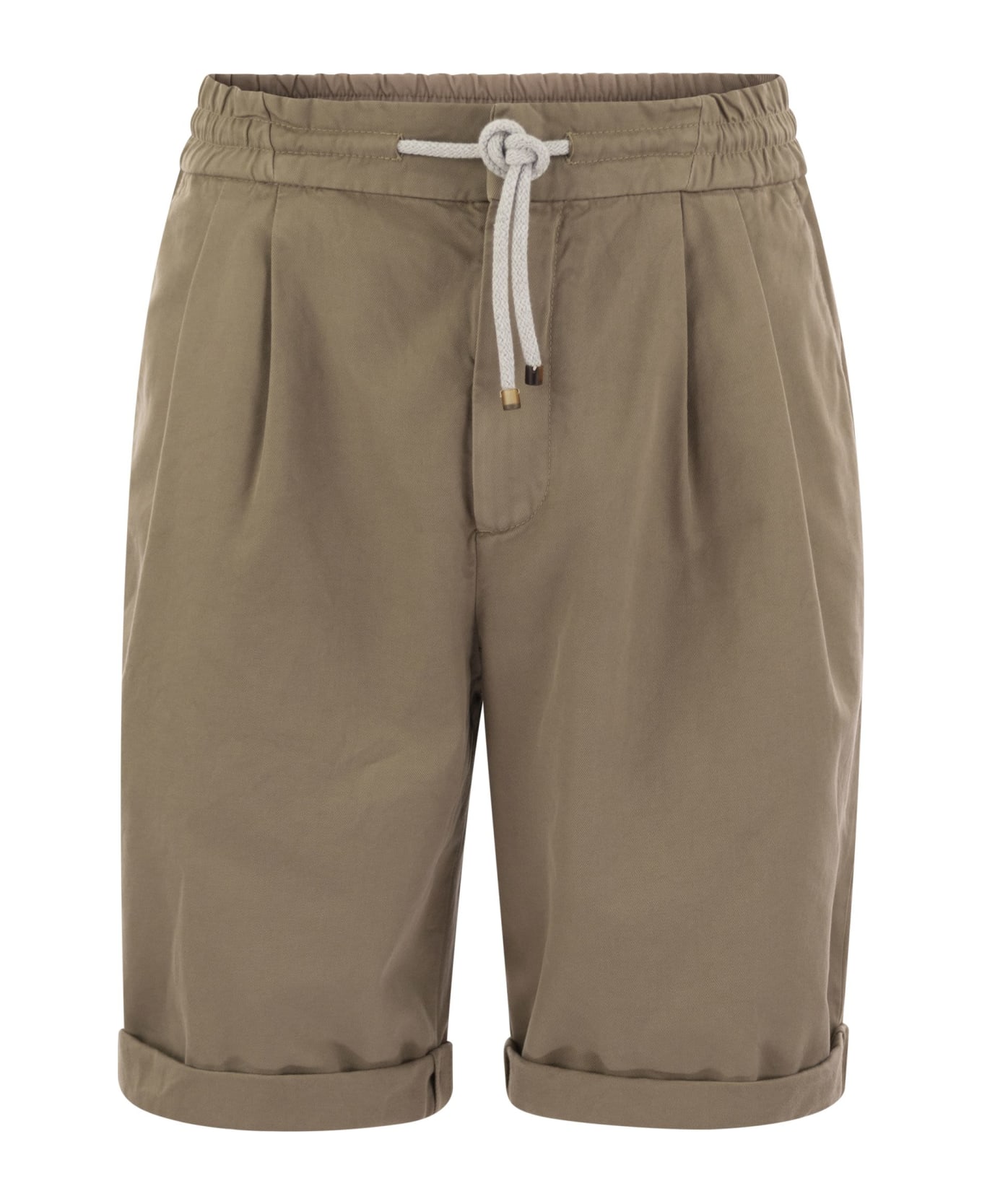 Brunello Cucinelli Bermuda Shorts In Garment-dyed Cotton Gabardine With Drawstring And Double Darts - Rope