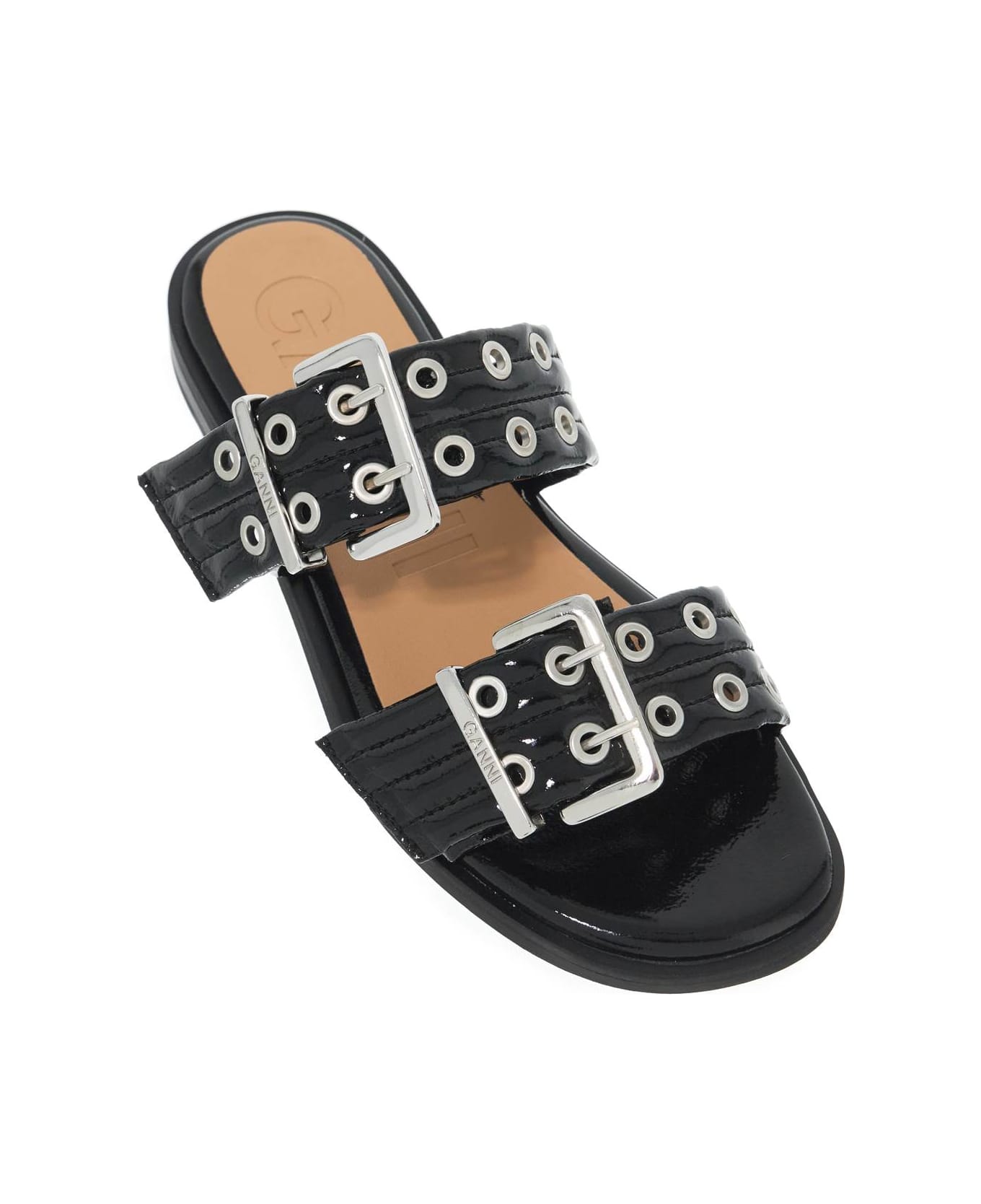 サンダル・ミュール Ganni FW24 SANDAL WITH BUCKLE (S2664_099) Black Feminine Buckle Two-Strap Sandals in Black | GANNI US