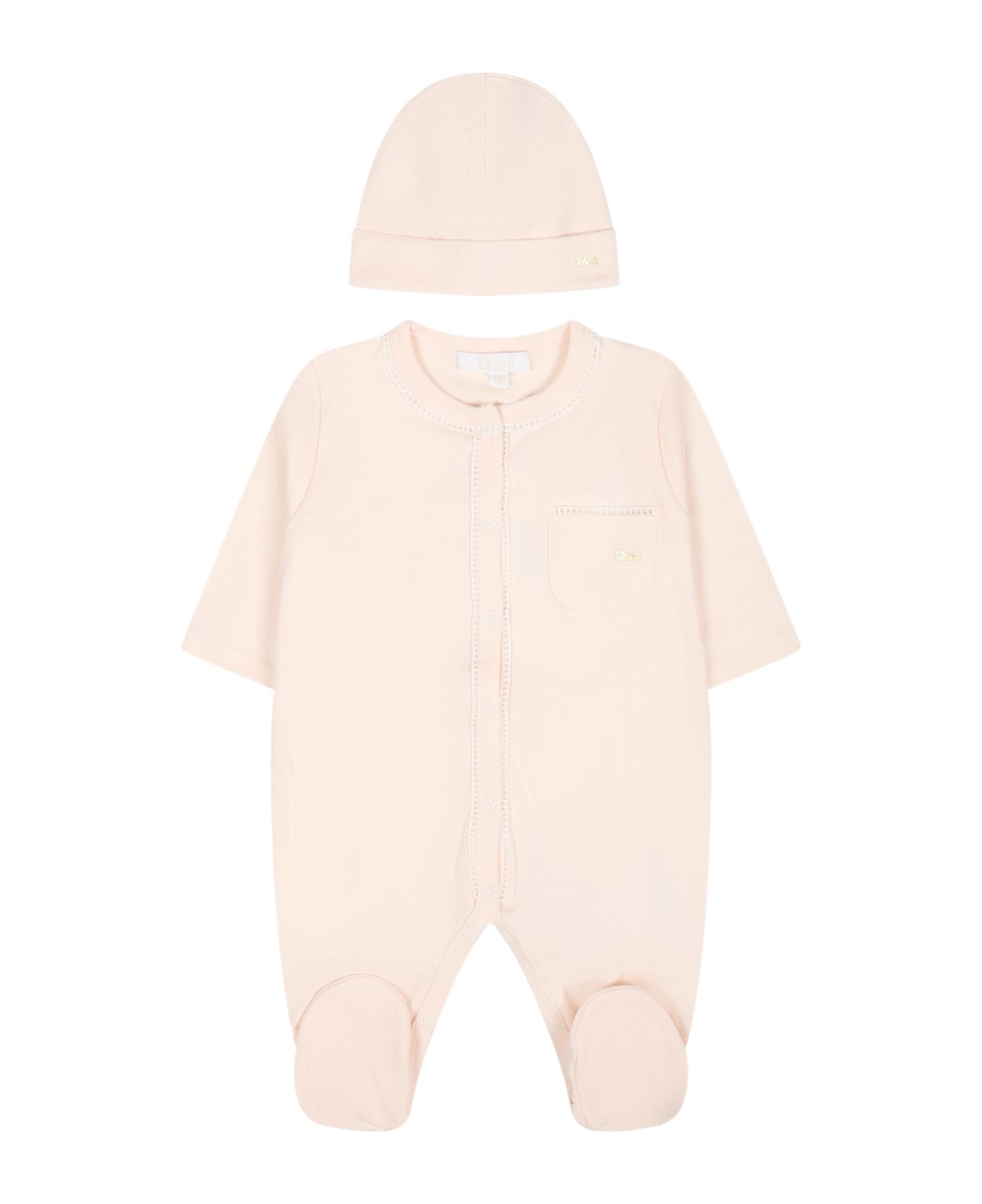 Chloé Pink Set For Baby Girl With Logo - Pink ボディスーツ＆セットアップ