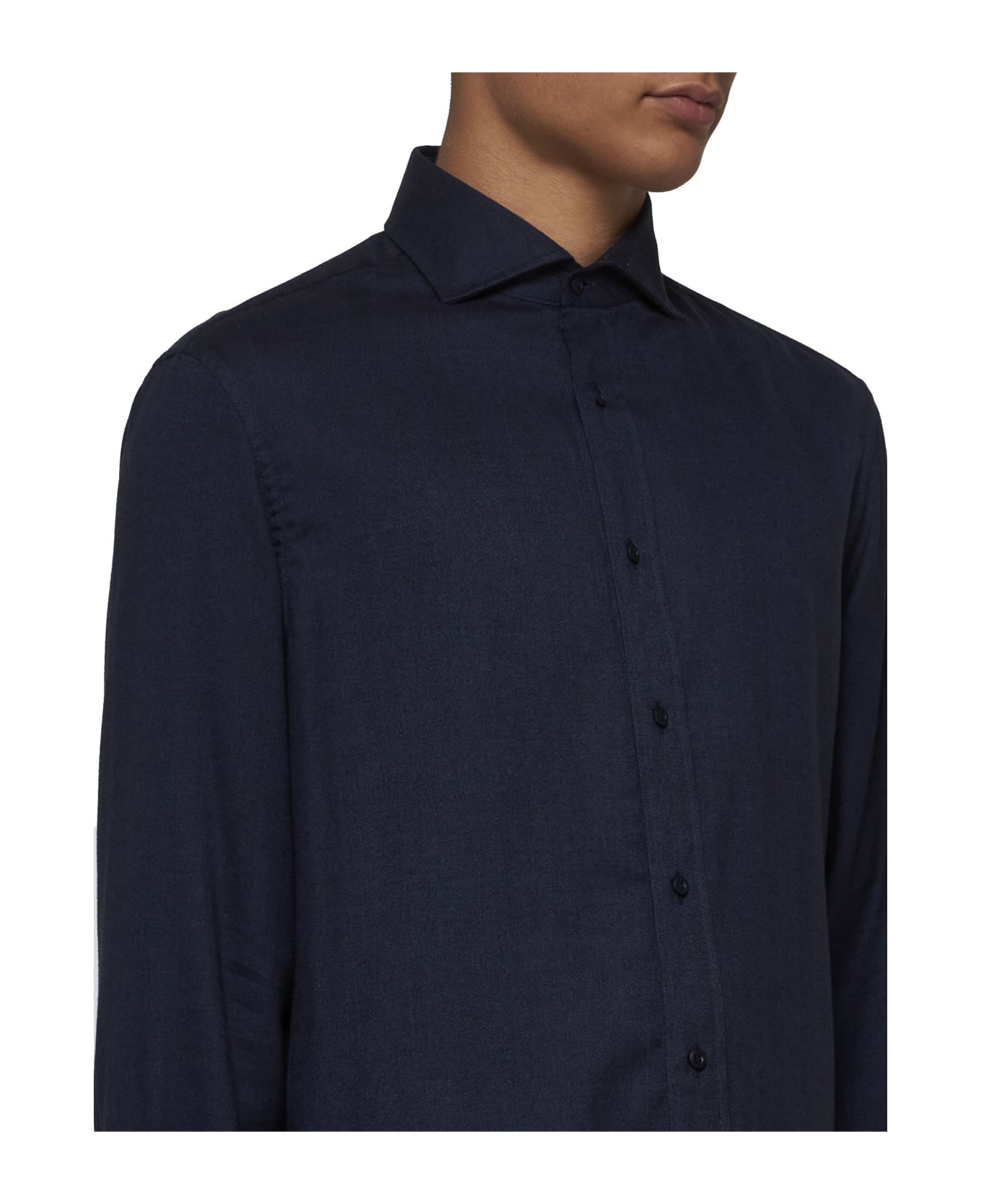 Brunello Cucinelli Slim Fit Shirt In Stretch Cotton Chevron Flannel - Blue