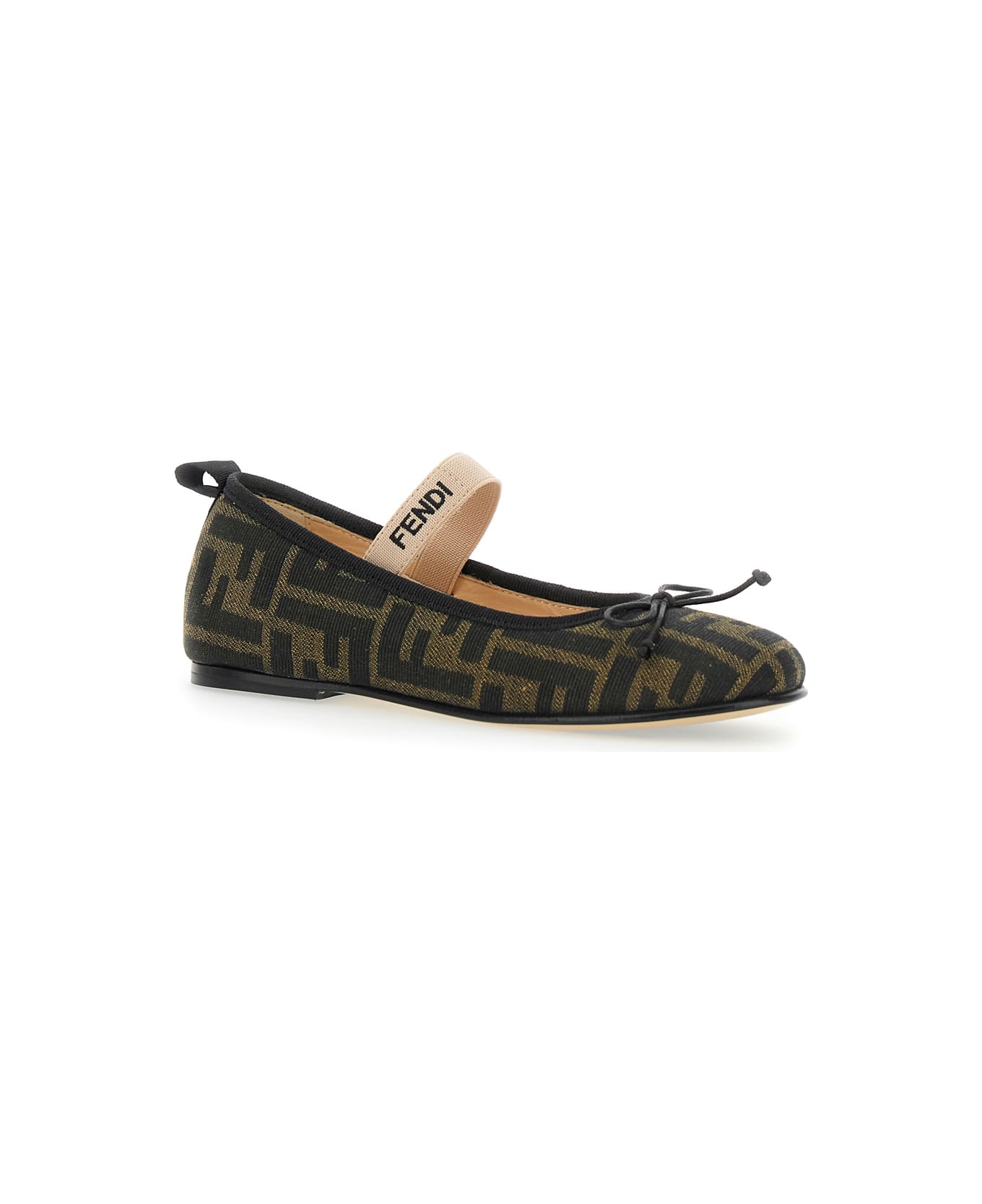 Fendi Brown Ballet Shoes With Strap With Logo Lettering And Bow Detail In Ff Canvas Girl - Brown