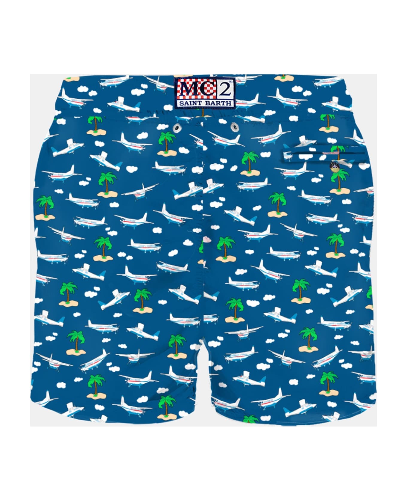 MC2 Saint Barth Man Light Fabric Swim Shorts With Plane And Island Print - BLUE