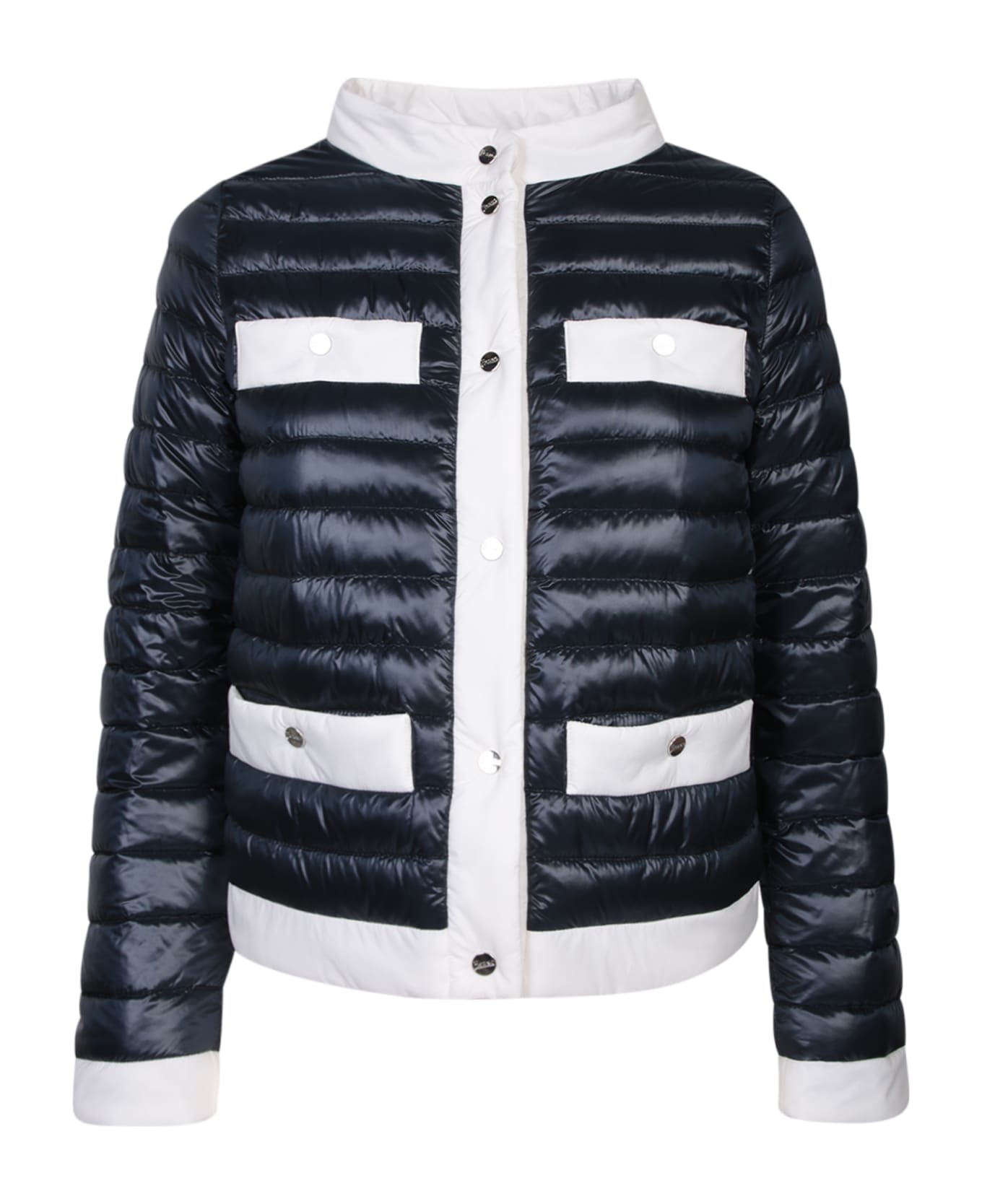 Herno Blue And White Down Jacket With Funnel Neck And Contrasting Details In Polyamide Woman - Blue ダウンジャケット