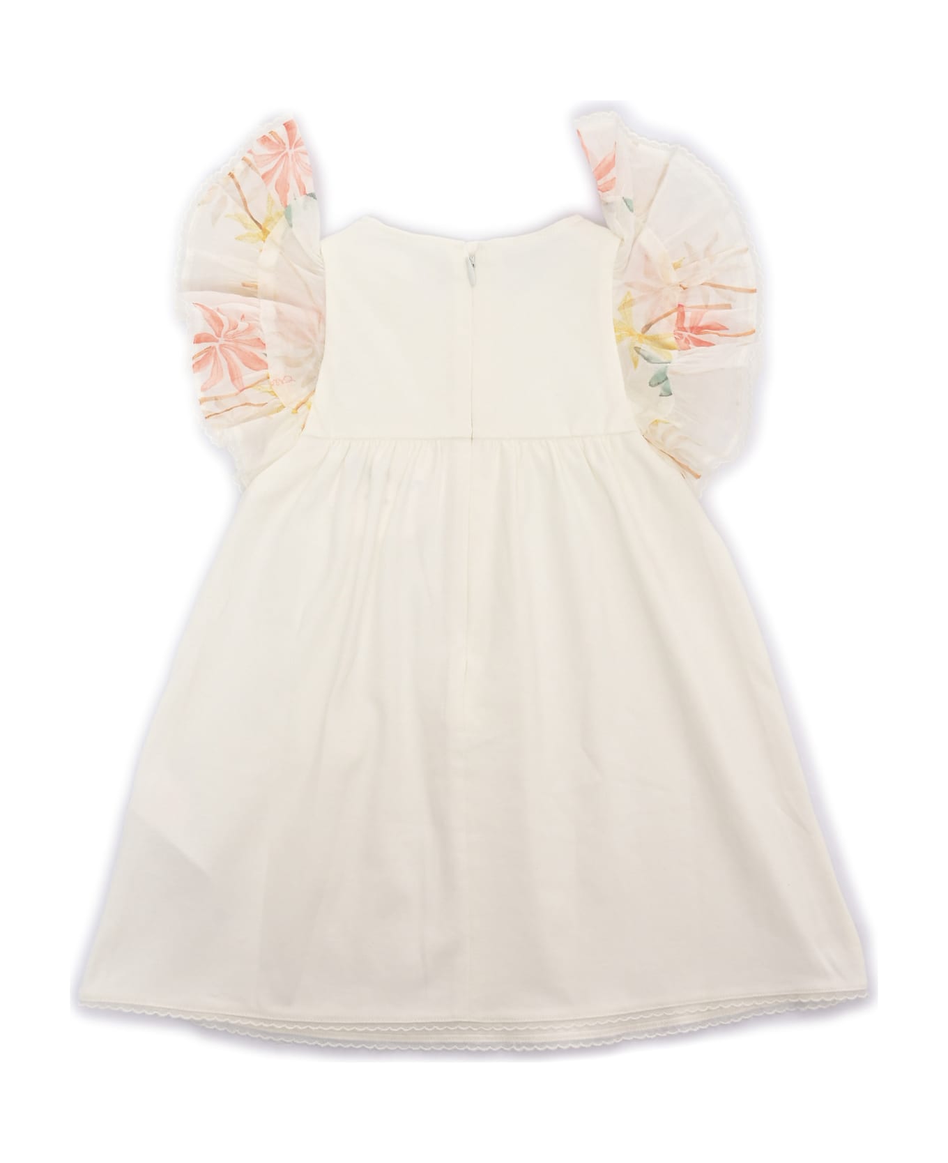 Chloé Short Sleeves Dress In 100% Organic Cotton Interlock. Ruffled Sleeves In 100% Organic Cotton Veil With Palm Grove" Seasonal Print. Chlo Embroidery On  - WHITE