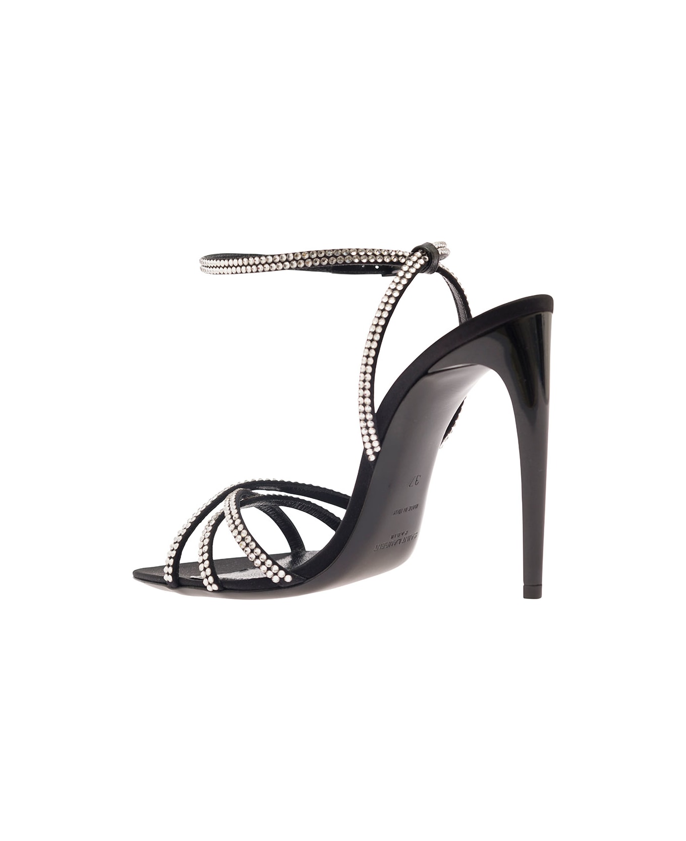 Saint Laurent 'ava' Black Sandals With Rhinestone Crisscrossed Straps And Comma Stiletto Heel In Crepe Satin Woman - Black