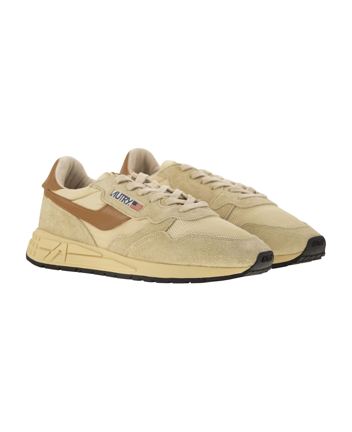Autry Reelwind - Suede And Technical Textile Trainer - Beige/brown