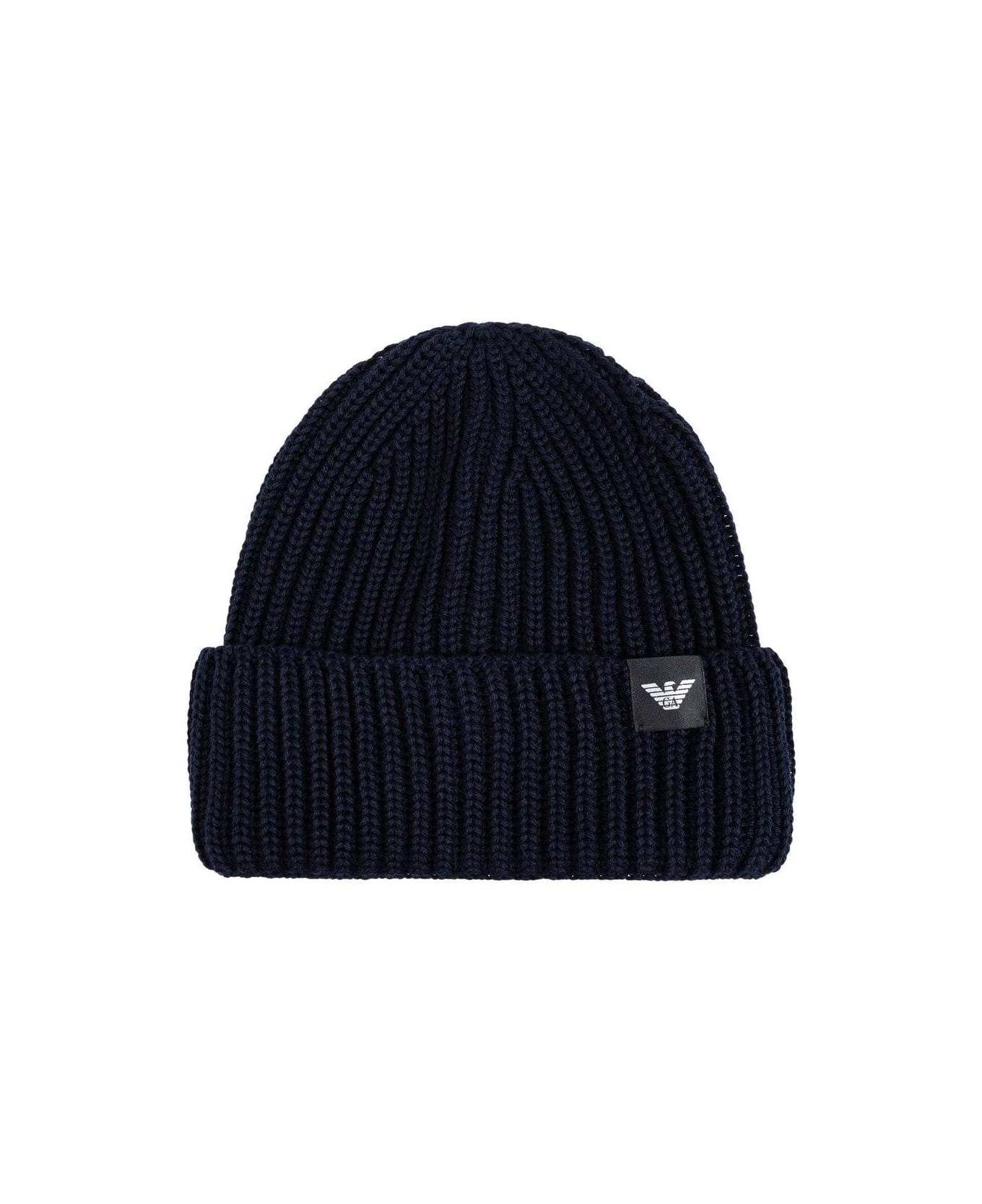 Emporio Armani Logo Patch Turn-up Brim Knitted Beanie - Blue