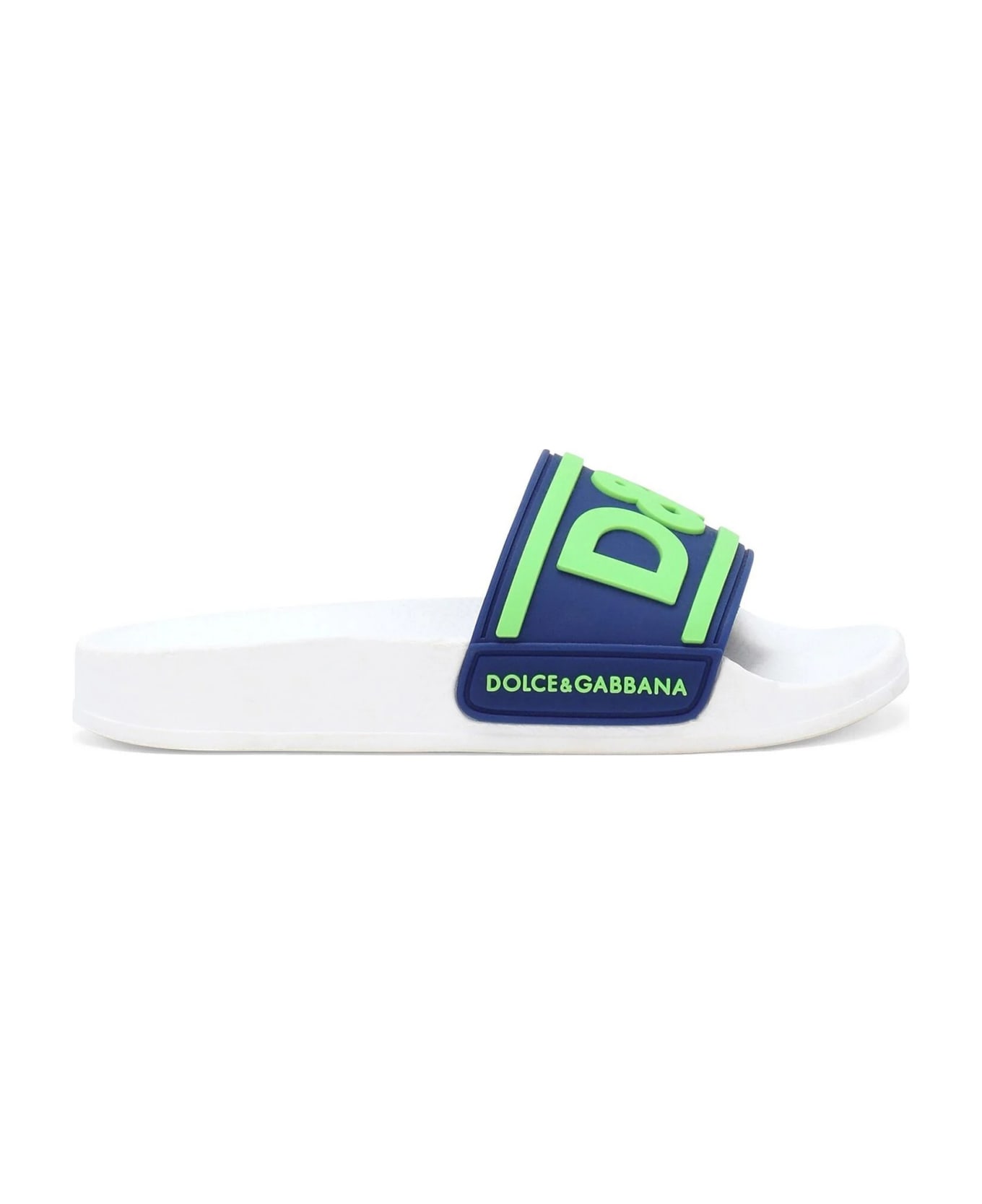 Dolce & Gabbana Blue And White Slippers With Fluo D&g Logo - Blue