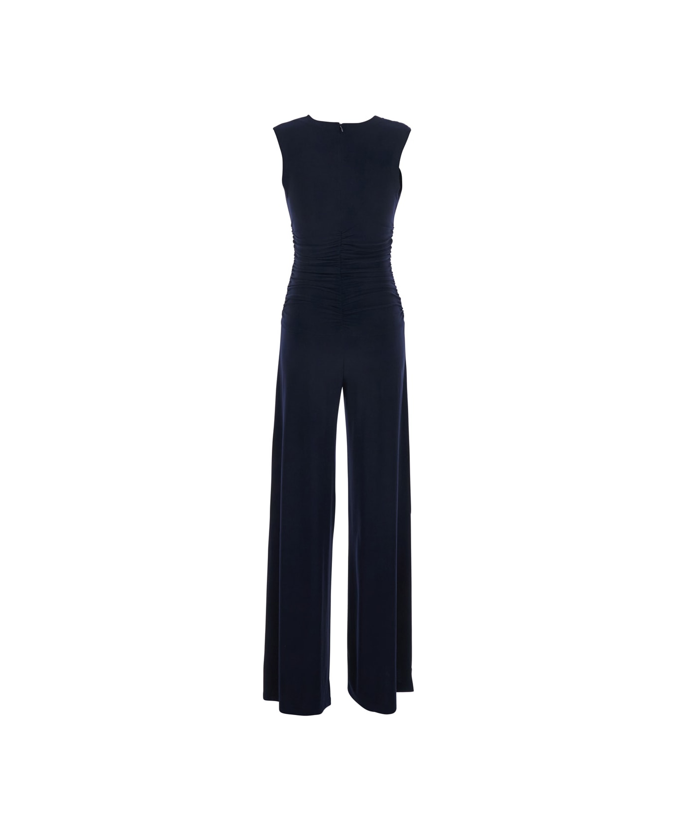 Norma Kamali Sleeveless V Neck Shirred Waist Jumpsuit - Blu