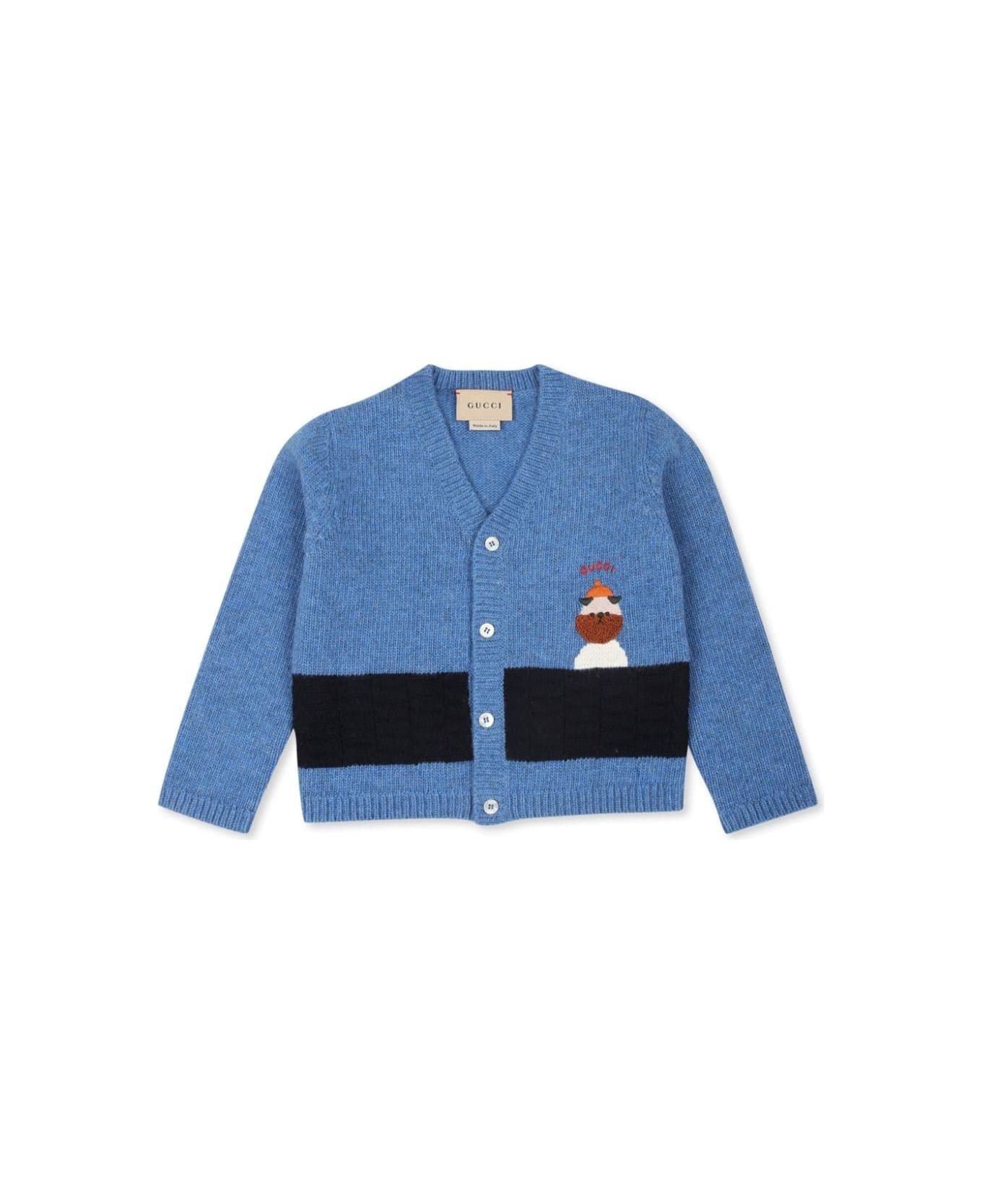 Gucci Blue Wool Cardigan With Embroidery - Blue