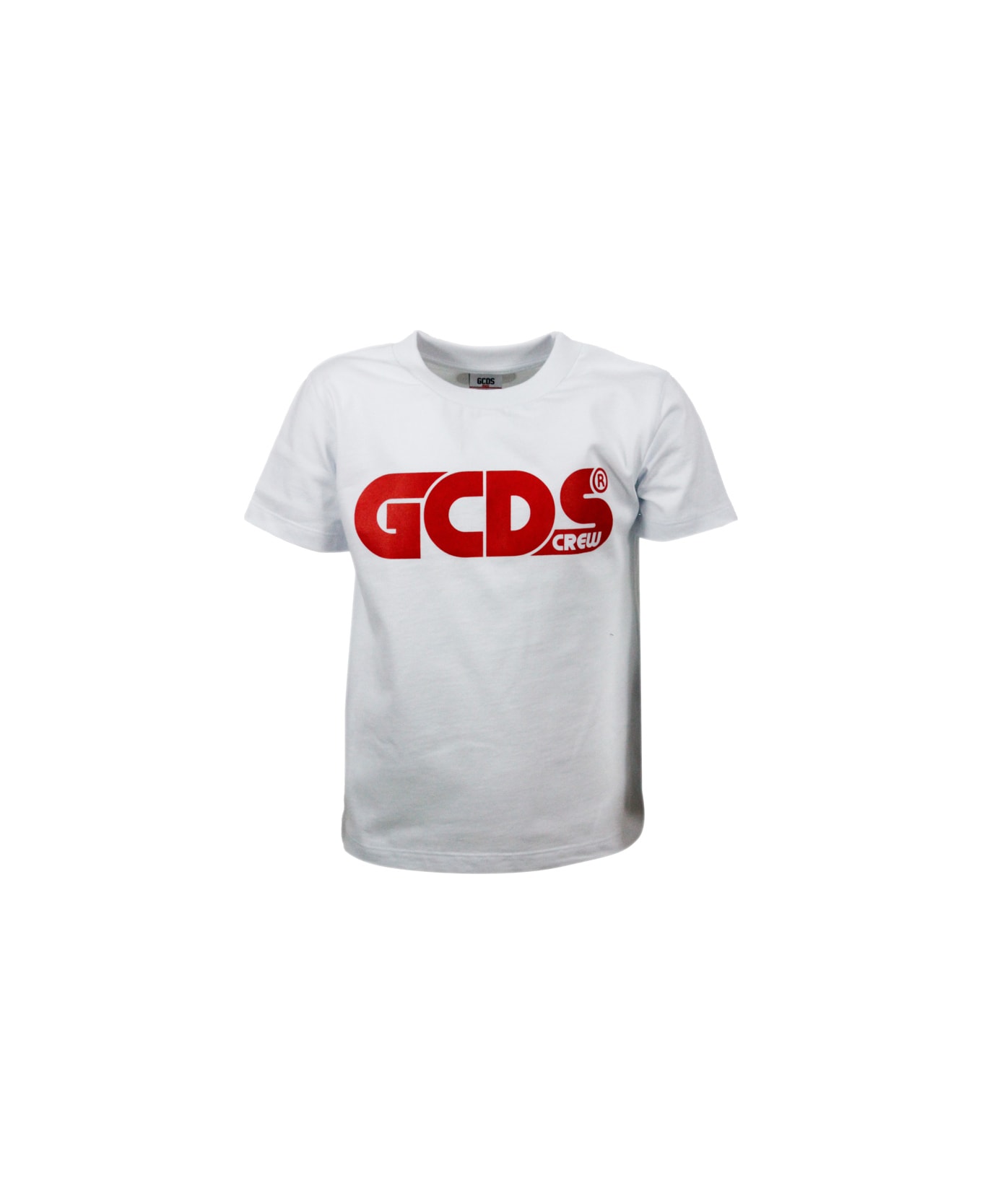 GCDS Short Sleeve Crewneck T-shirt With Logo And Fluorescent Lettering - White
