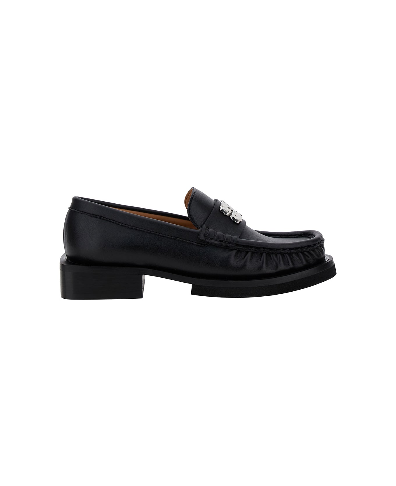 Ganni 'butterfly' Black Loafers With Logo Detail In Leather Woman - Black