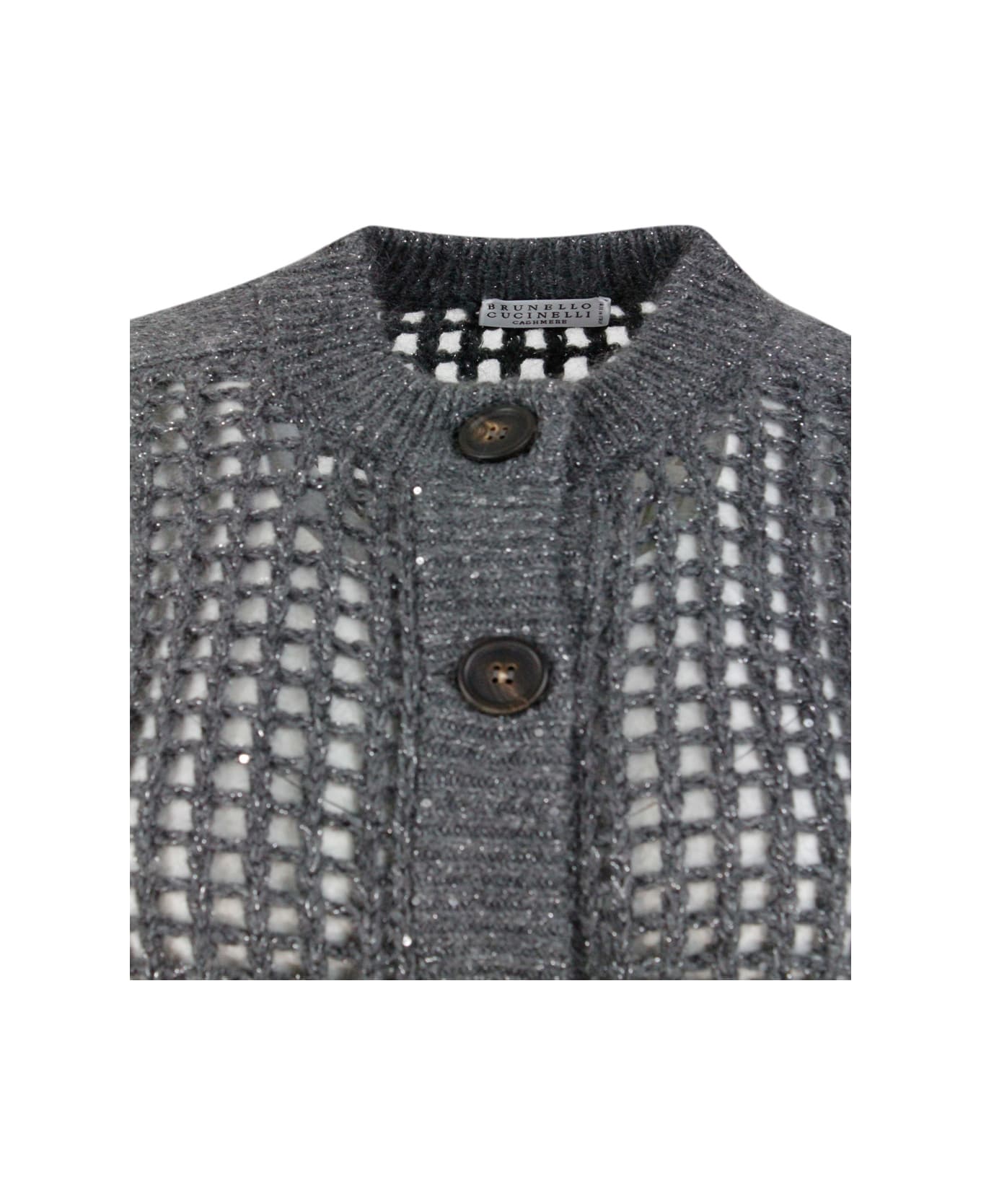 Brunello Cucinelli Long-sleeved Mesh Cardigan Sweater In Fine Wool, Cashmere And Mohair Embellished With Lamè Yarn For Shiny Reflections. Slightly Cropped Cut - Grey