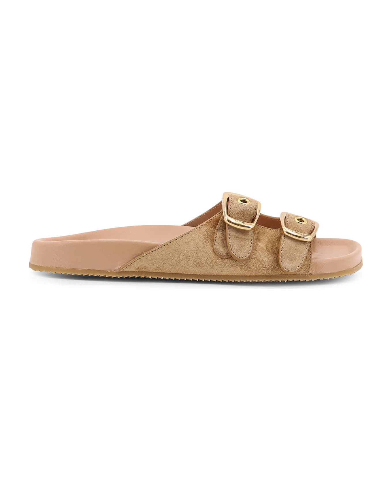 Chloé Polly Suede Sandals With Gold Metal Buckles - Beige