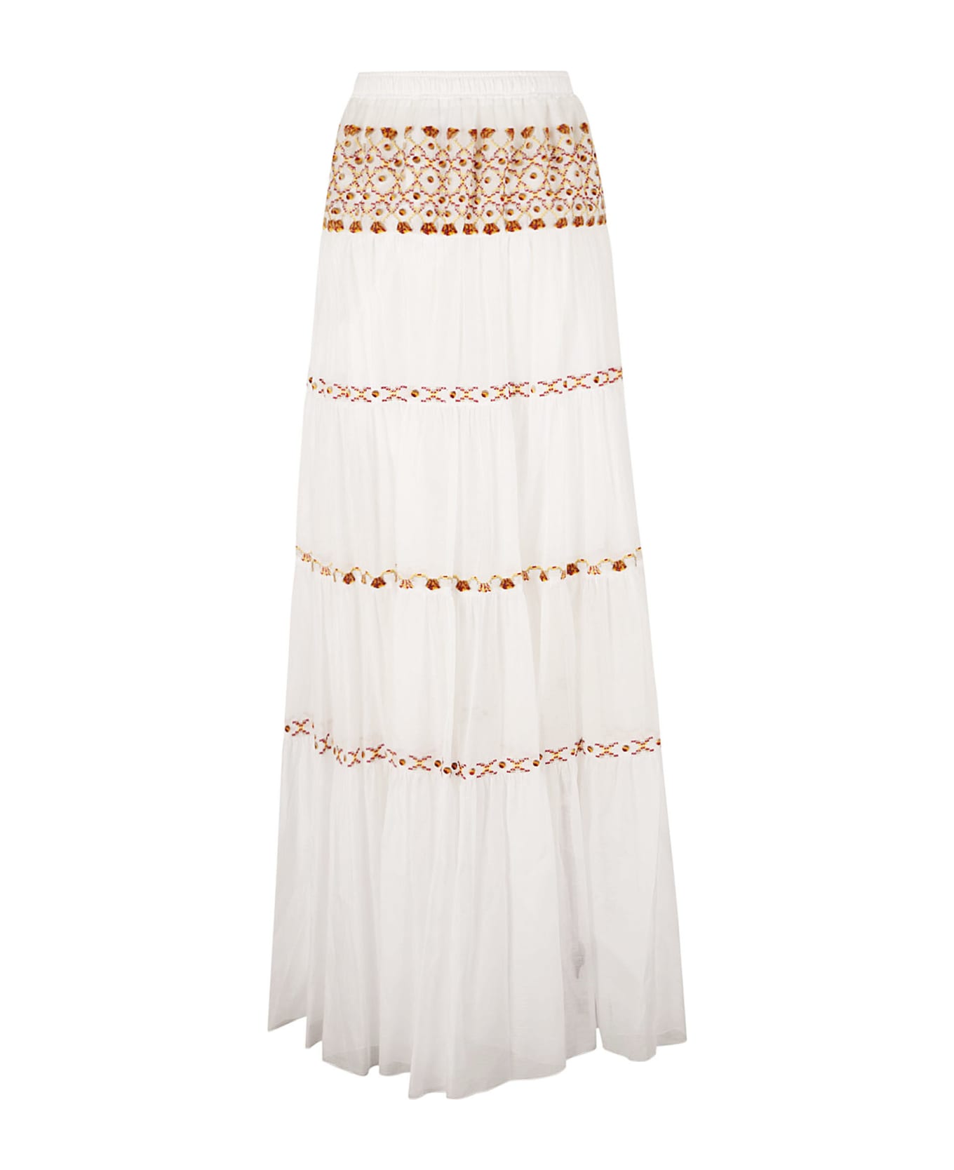 Ermanno Scervino Elastic Waist Layered Embroidered Flare Skirt - White