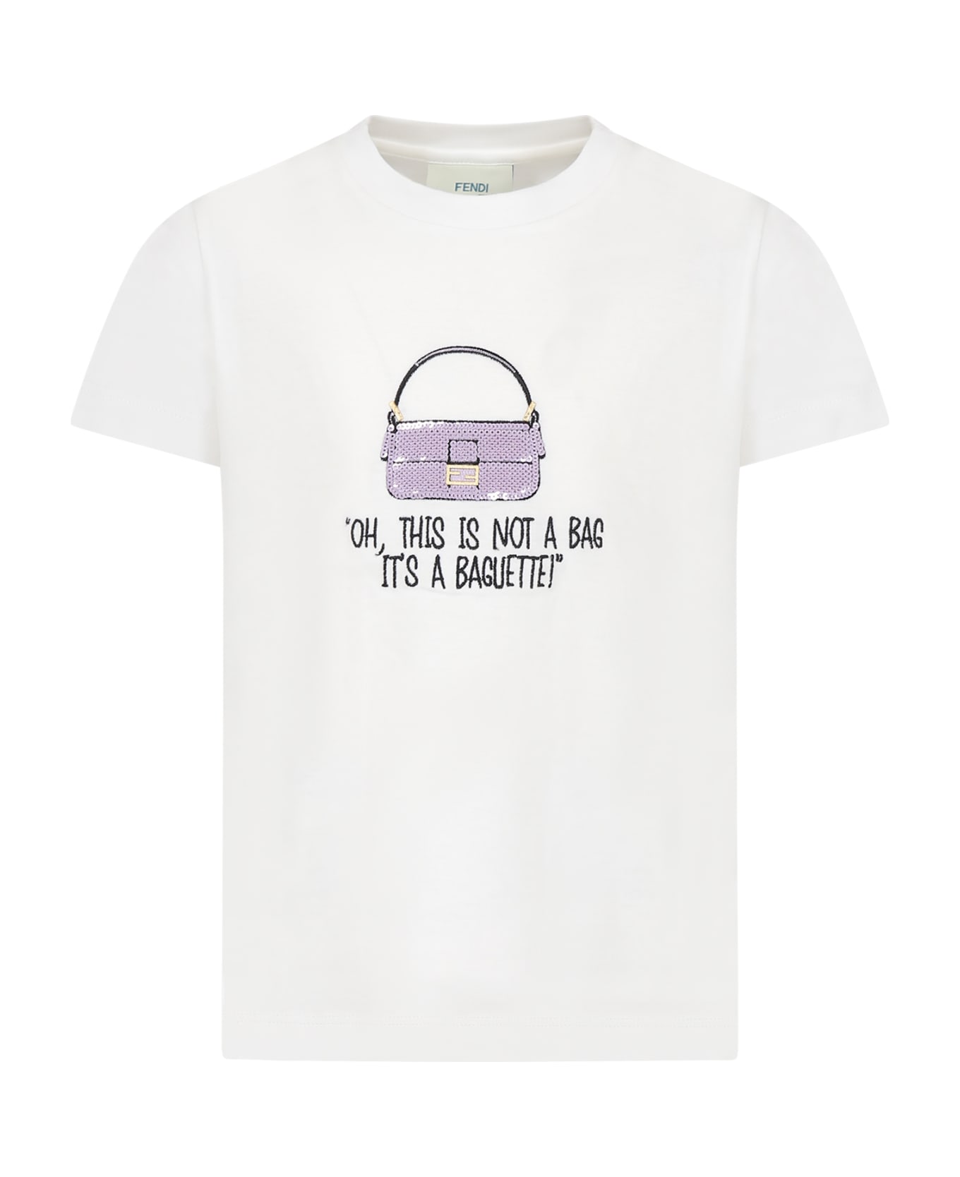 Fendi White T-shirt For Girl With Baguette And Logo - White Tシャツ＆ポロシャツ