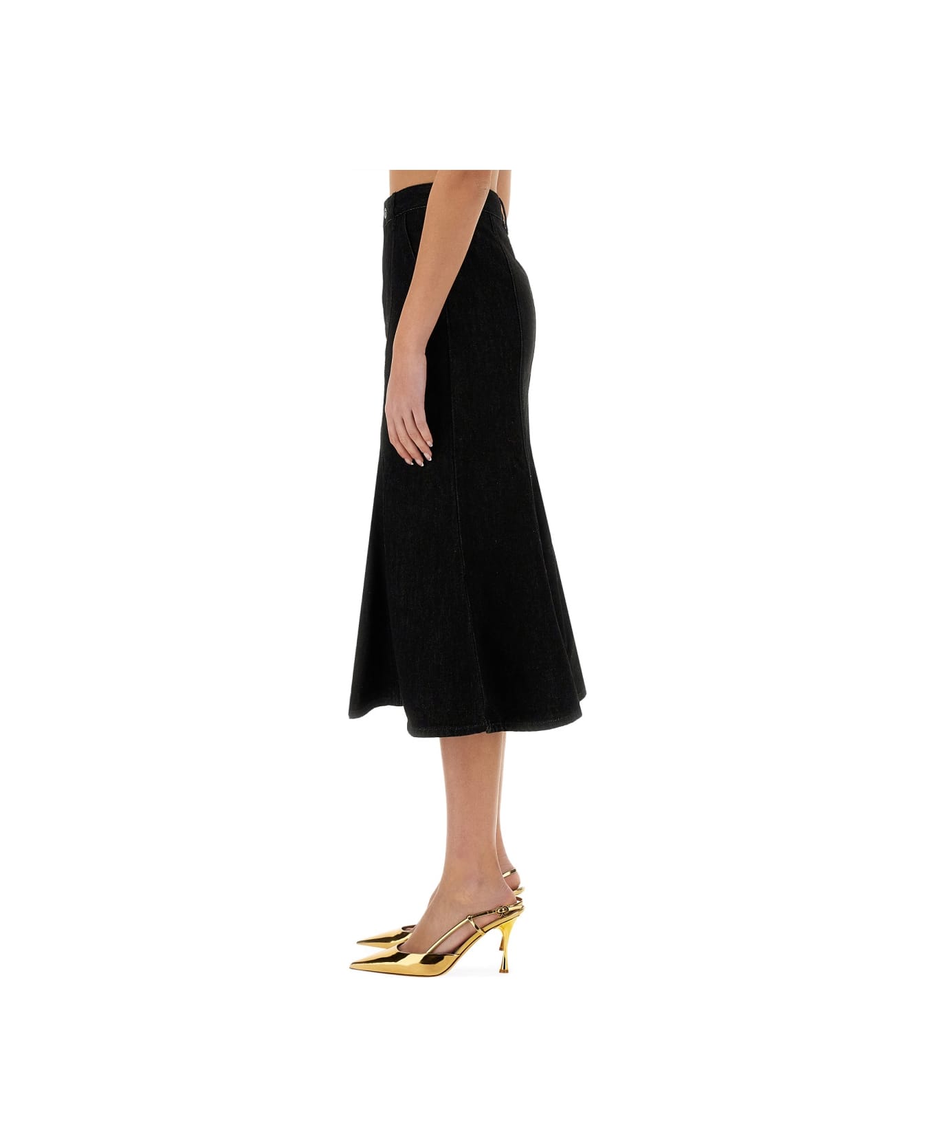 self-portrait Denim Flared Midi Skirt - BLACK