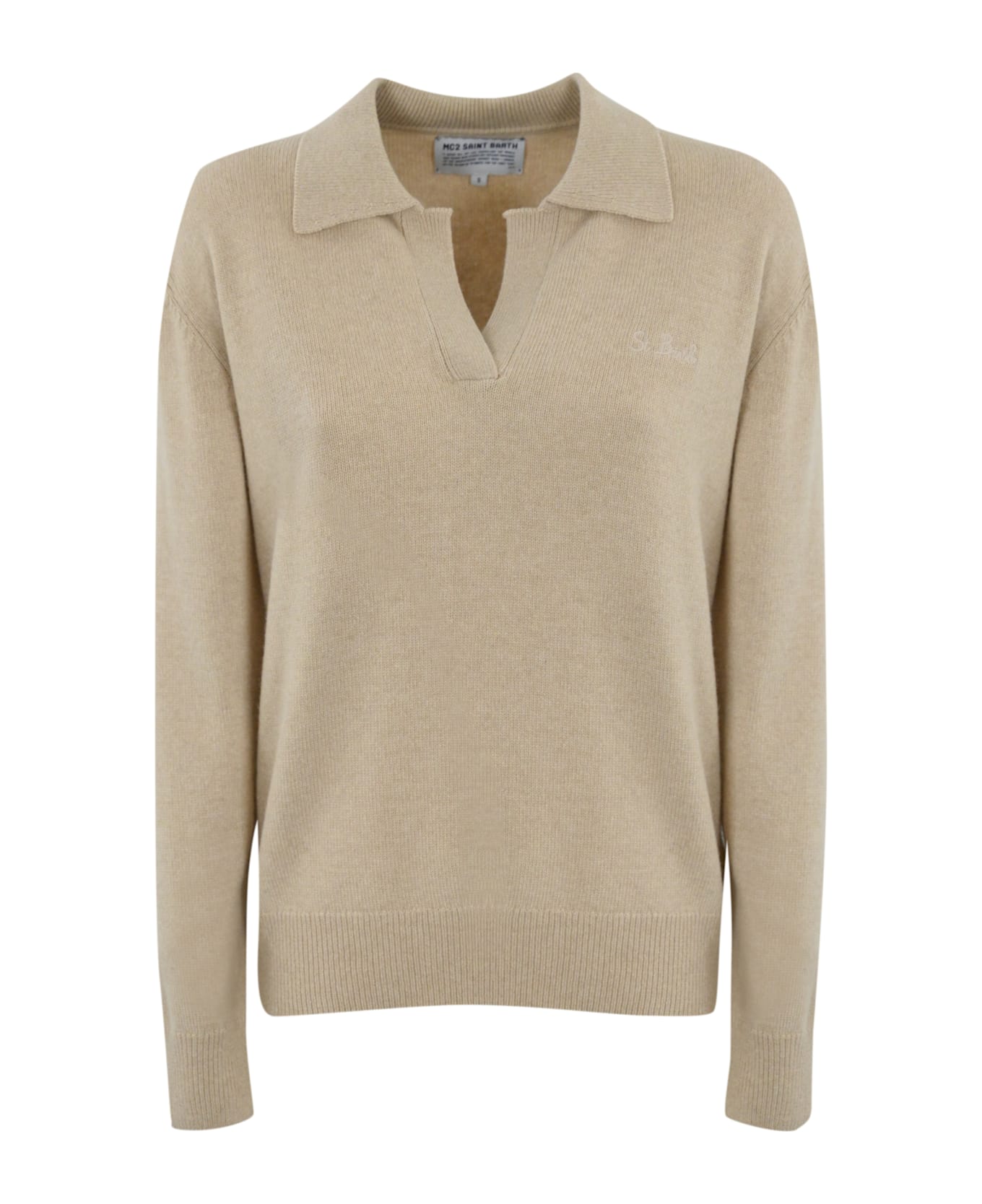 MC2 Saint Barth Eze Sweater With Polo Collar In Wool And Cashmere Blend - Beige