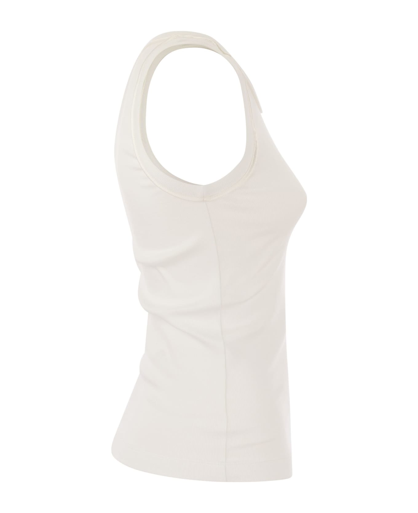 Brunello Cucinelli Stretch Cotton Rib Jersey Top With Satin Trims - White