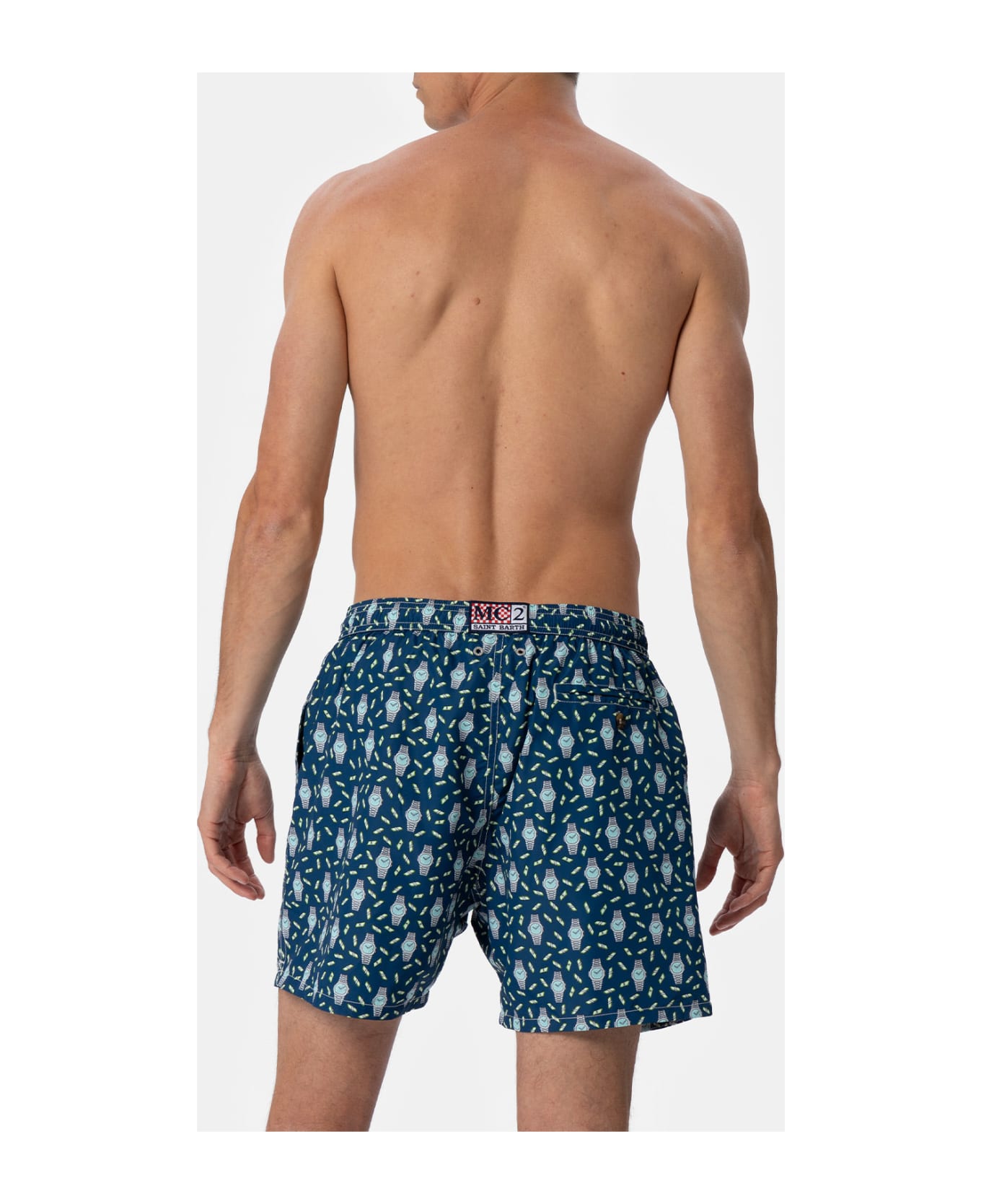 MC2 Saint Barth Man Lightweight Fabric Swim-shorts Lighting Micro Fantasy With Watches Print - BLUE NAVY
