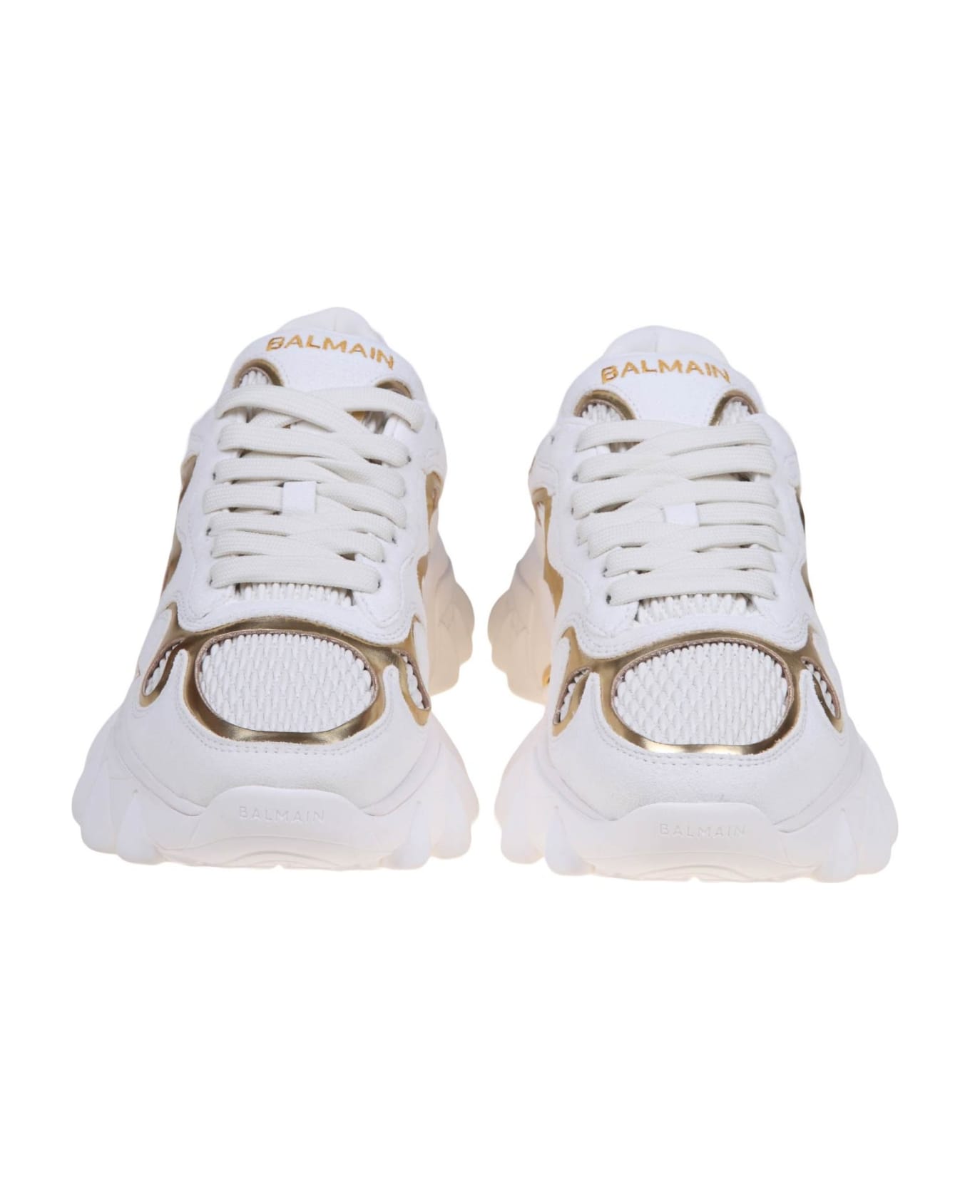 Balmain B-east Sneakers In White And Gold Suede And Leather - White/Gold
