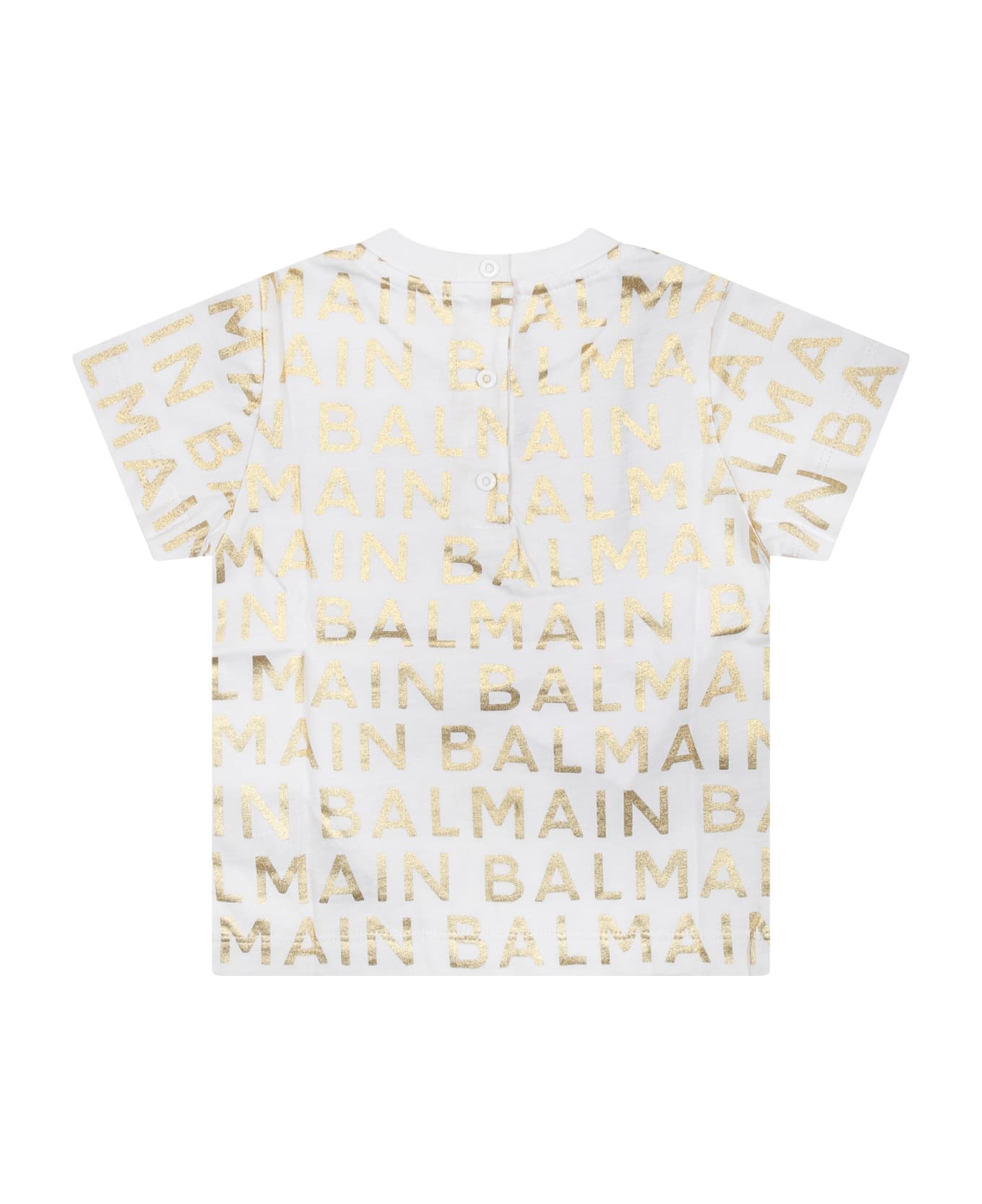 Balmain White T-shirt For Babies With All-over Gold Logo - White