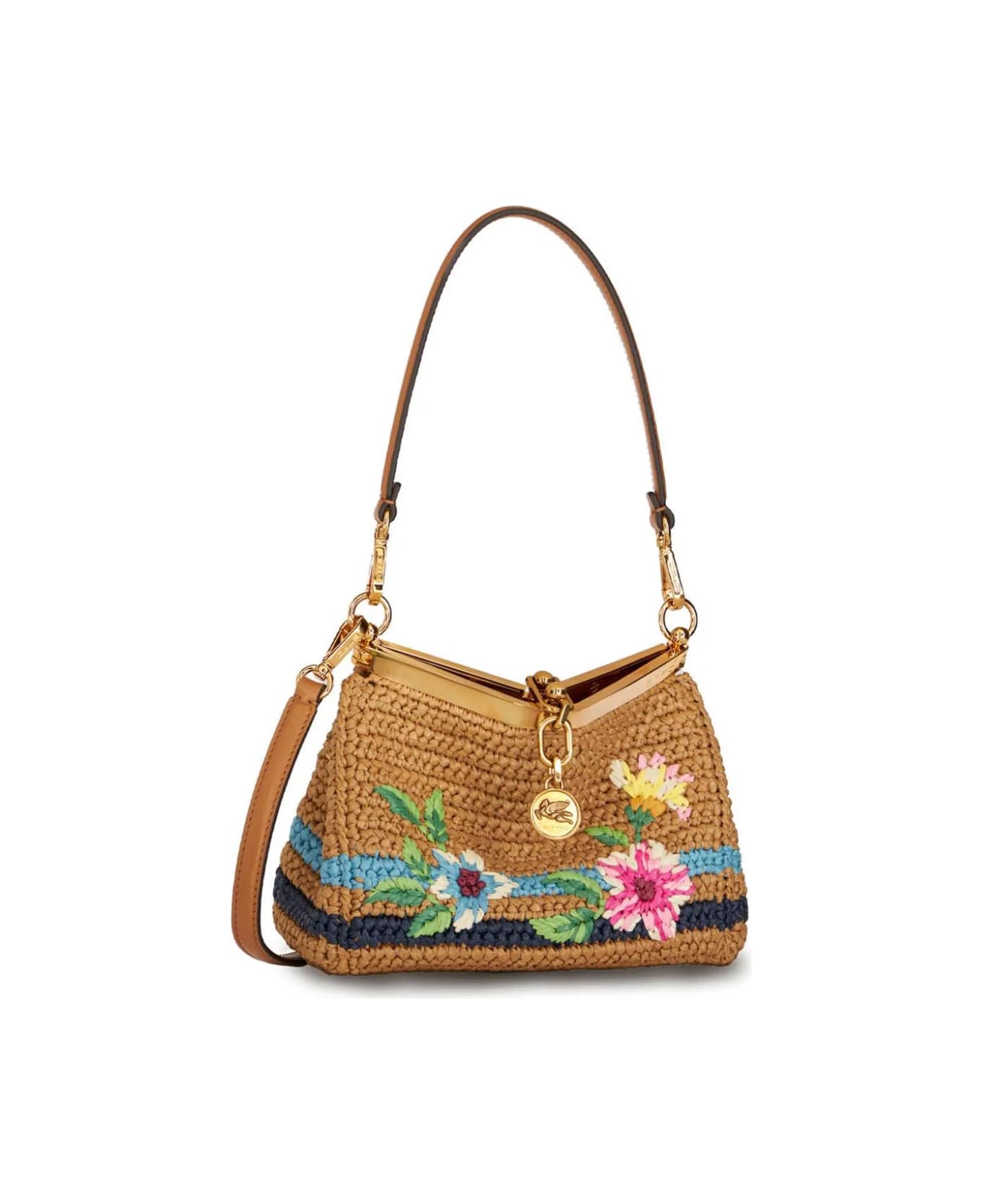 Etro Vela Mini Bag In Raffia With Embroidery - Brown