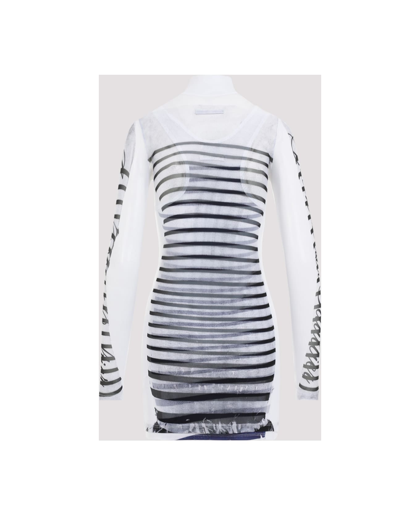 Jean Paul Gaultier Spandex Mesh Printed Feathers Mariniere Mini Dress - White Navy Black